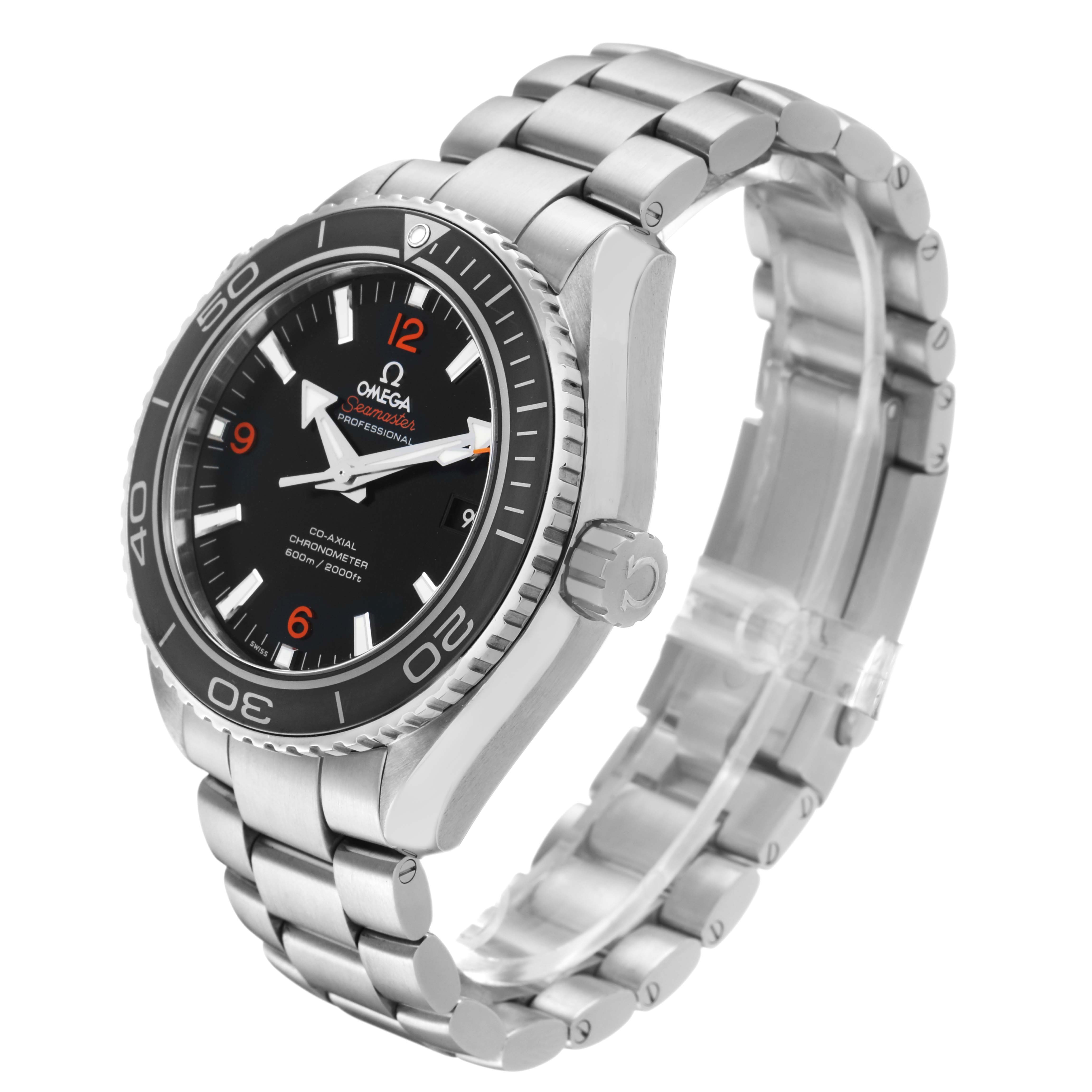 The Omega Seamaster 232.30.46.21.01.003 Men's Stainless Steel Black Dial watch is shown at a side angle highlighting its bezel, dial, and metallic bracelet.