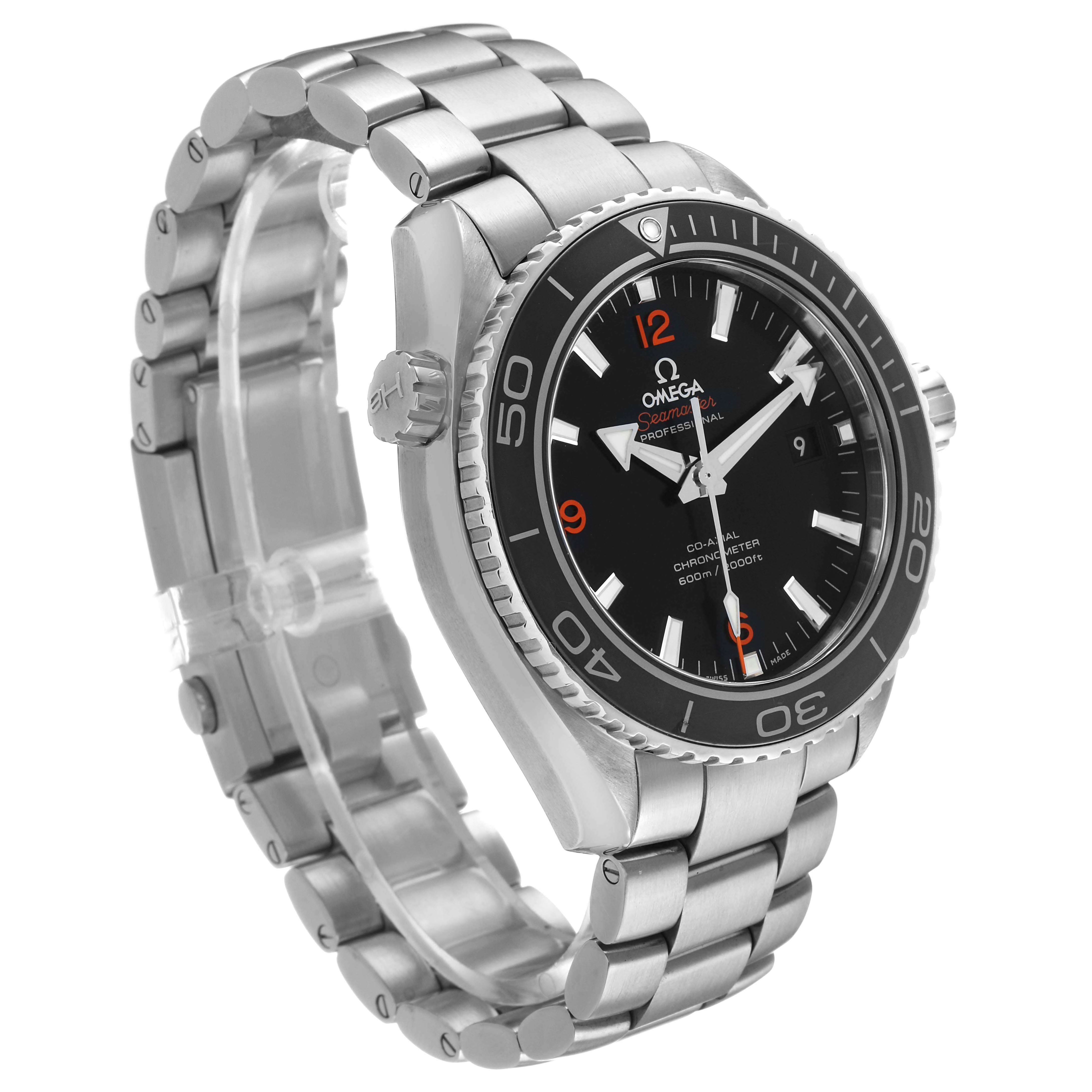 The Omega Seamaster 232.30.46.21.01.003 Men's Stainless Steel Black Dial watch is shown at a three-quarter angle, highlighting the face, bezel, crown, and bracelet.
