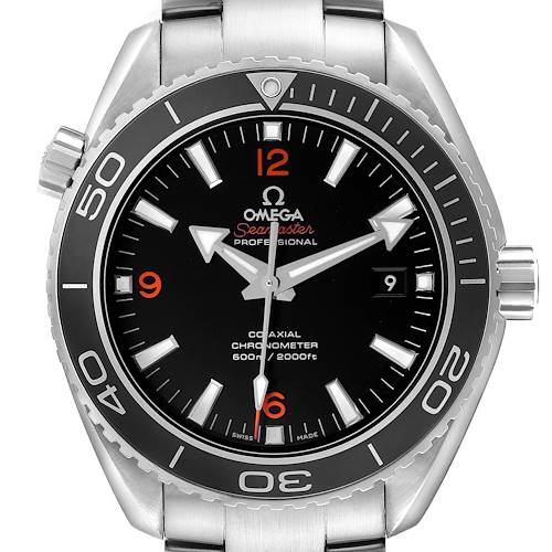 The Omega Seamaster 232.30.46.21.01.003 Men's Stainless Steel Black Dial watch is shown from the front, displaying its dial, bezel, crown, and stainless steel bracelet.