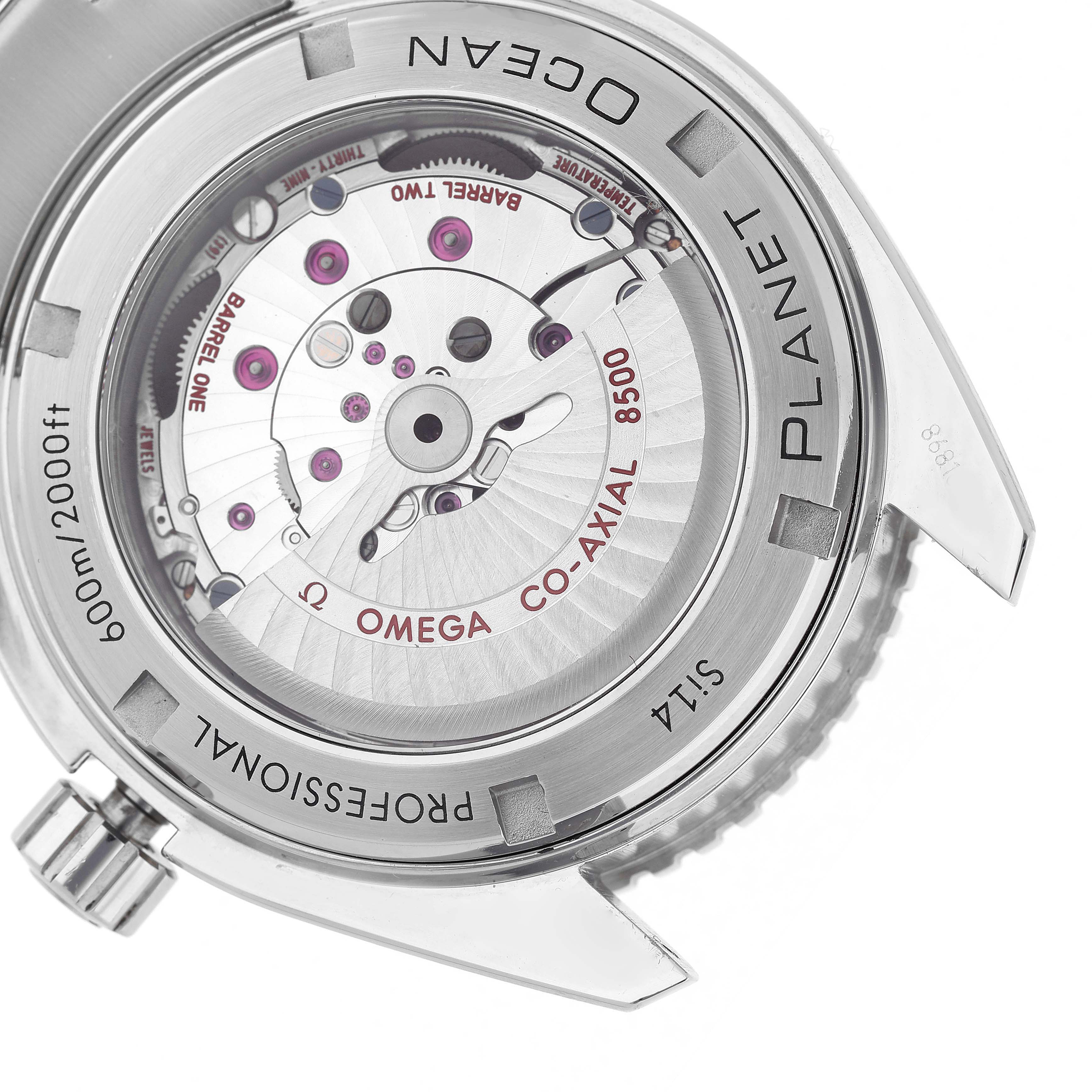 The image shows the back of the Omega Seamaster 232.30.46.21.01.003 Men's Stainless Steel Black Dial watch, highlighting the Co-Axial 8500 movement.