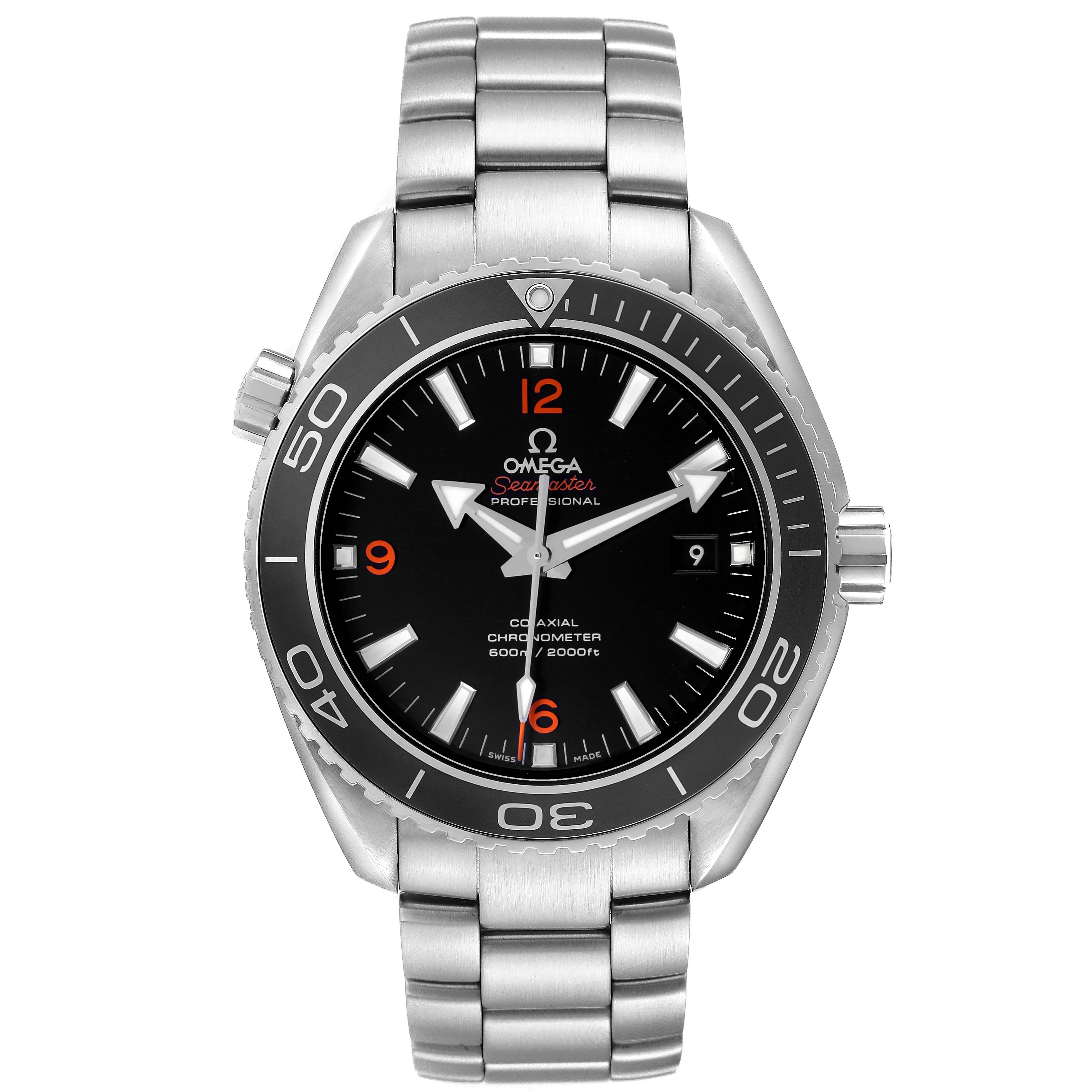 The Omega Seamaster 232.30.46.21.01.003 Men's Stainless Steel Black Dial watch is shown from a front angle, displaying the face, bezel, crown, and bracelet.