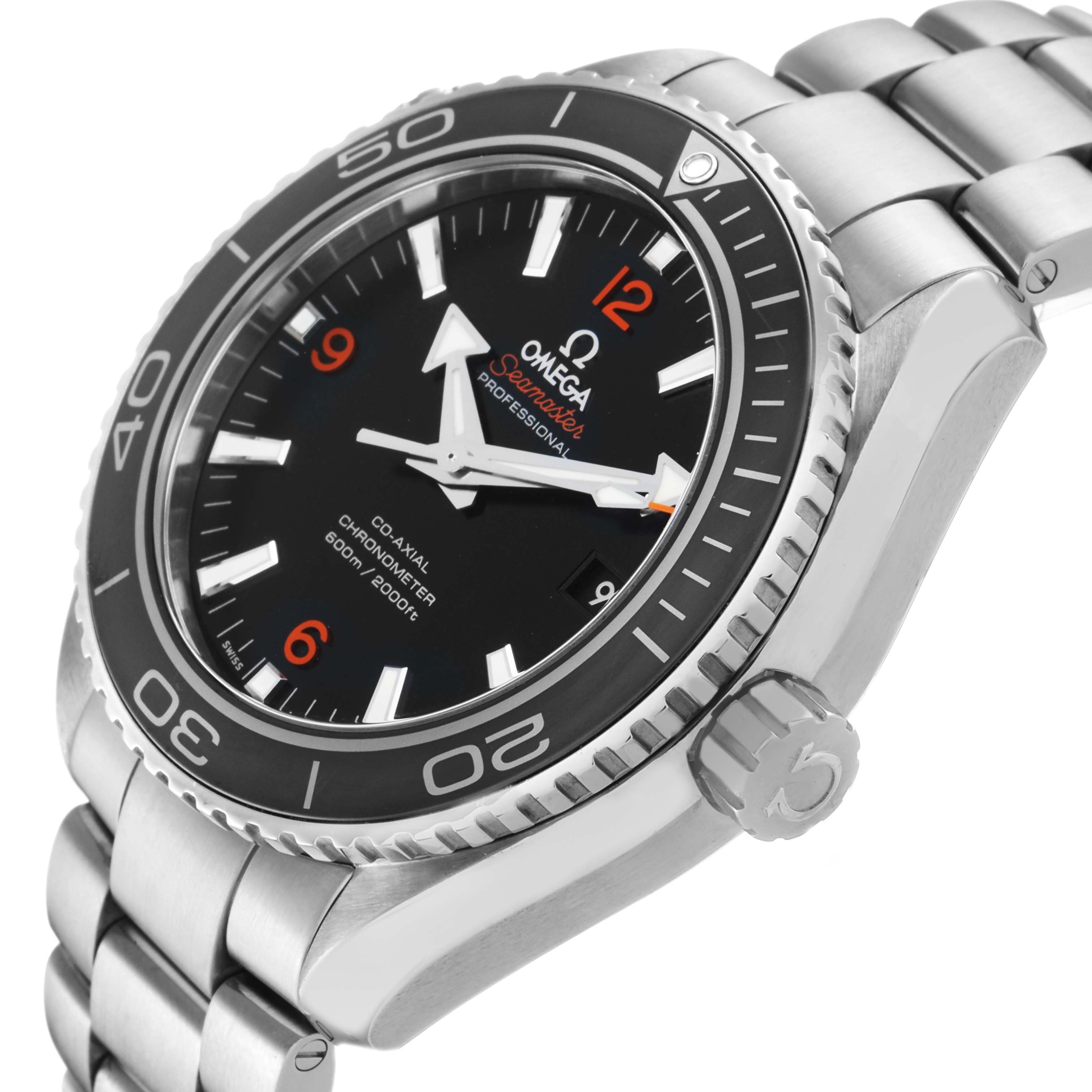 The image shows a side-angle view of the Omega Seamaster 232.30.46.21.01.003 Men's Stainless Steel Black Dial, highlighting the bezel, crown, bracelet, and partial dial.