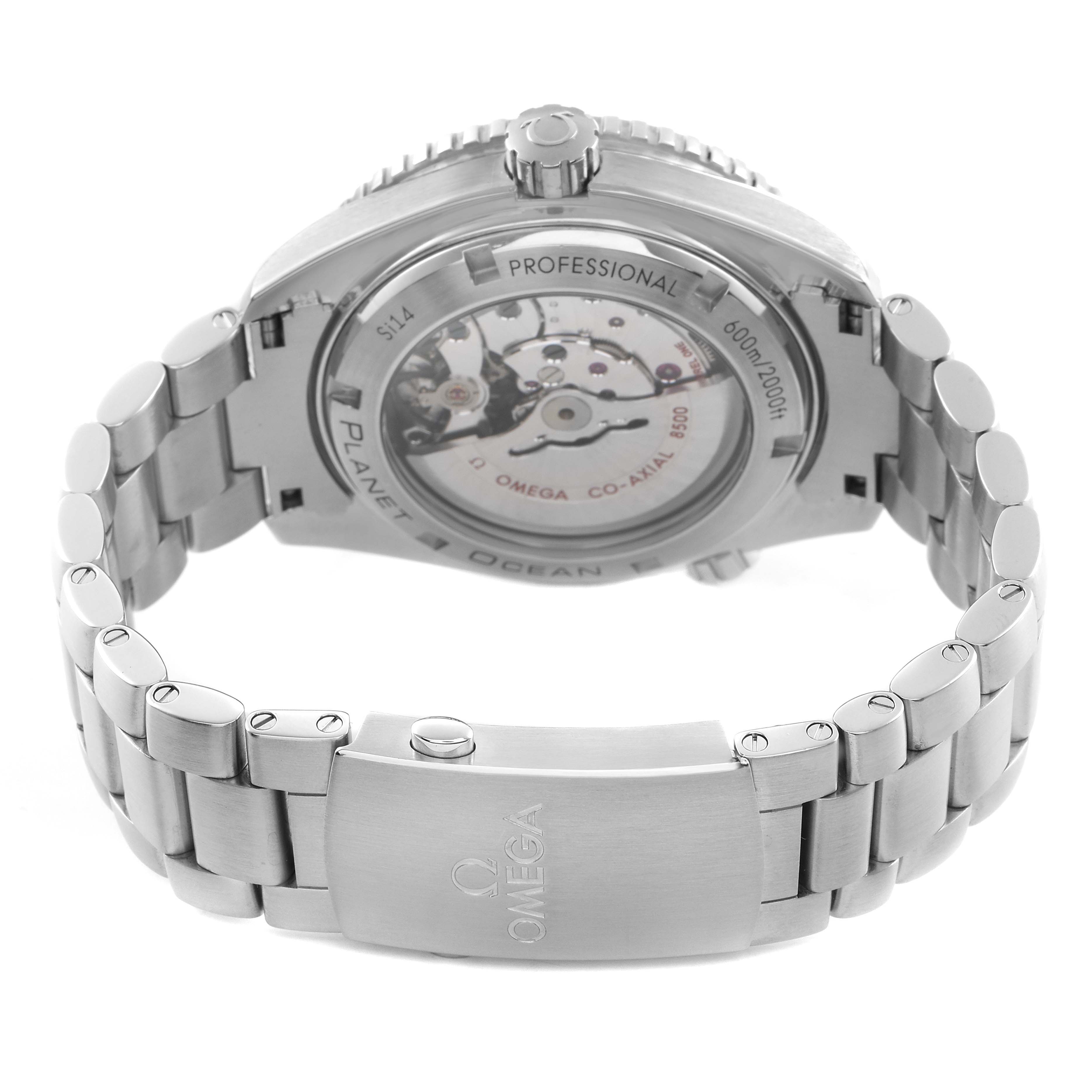 The image shows the back of an Omega Seamaster 232.30.46.21.01.003 Men's Stainless Steel Black Dial, highlighting the watch's mechanism and metal bracelet with clasp.