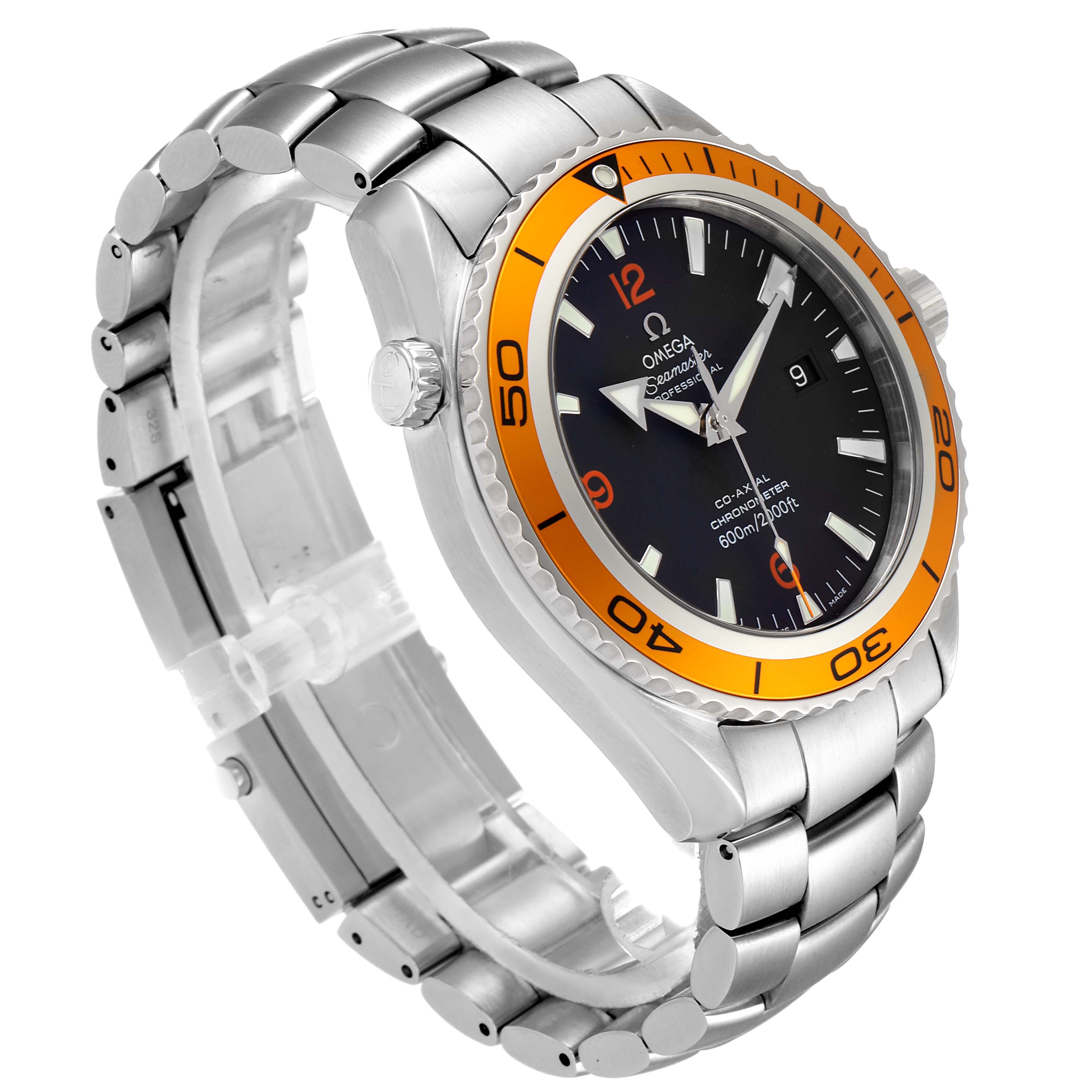 The Omega Planet Ocean 2208.50.00 Men
s Stainless Steel Black Dial 2208.50.00 Men
s Stainless Steel Black Dial watch is shown at an oblique angle, highlighting its orange bezel, stainless steel bracelet, and black dial.