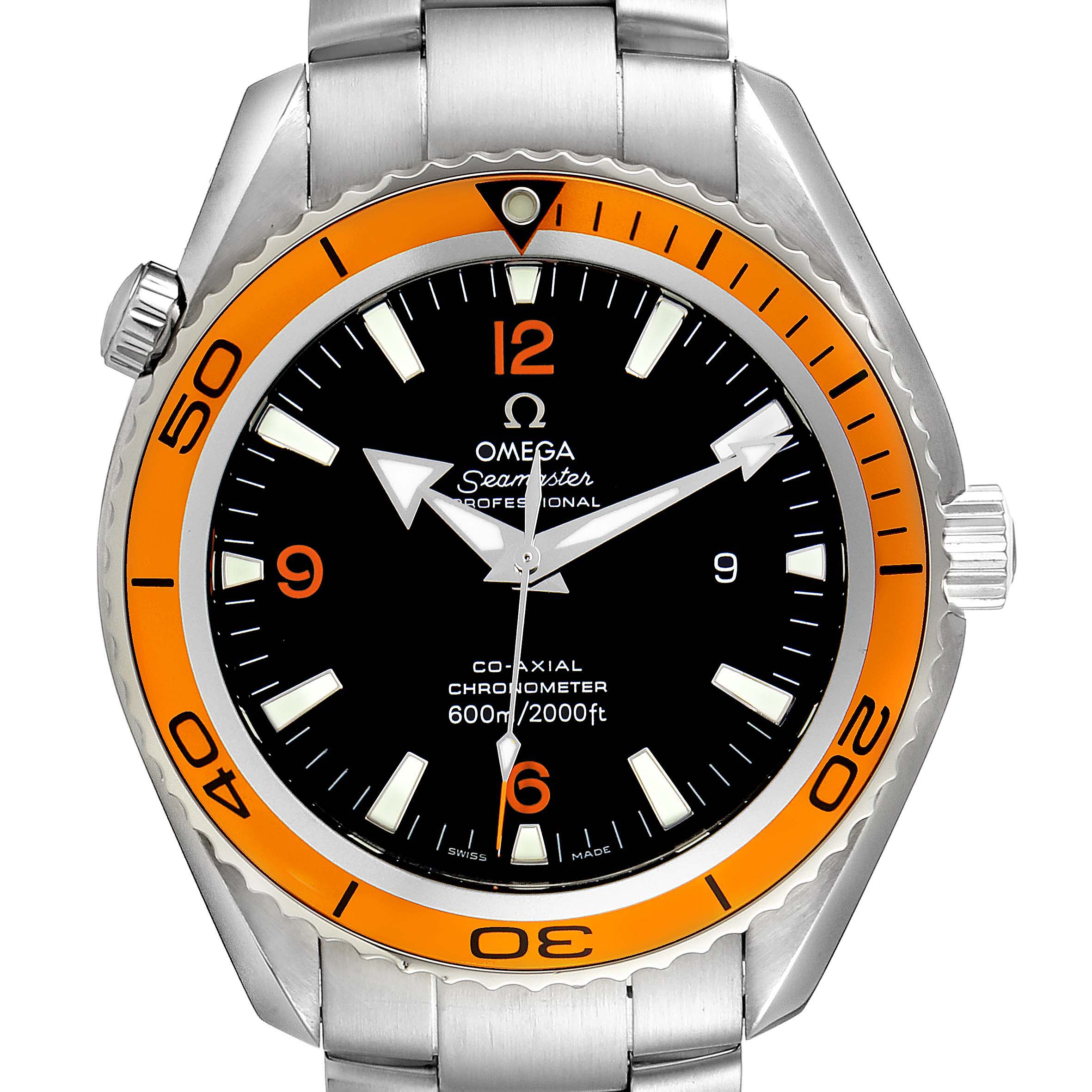 The image shows a front view of the Omega Planet Ocean 2208.50.00 Men
s Stainless Steel Black Dial 2208.50.00 Men
s Stainless Steel Black Dial watch, including its orange bezel, black dial, and stainless steel bracelet.