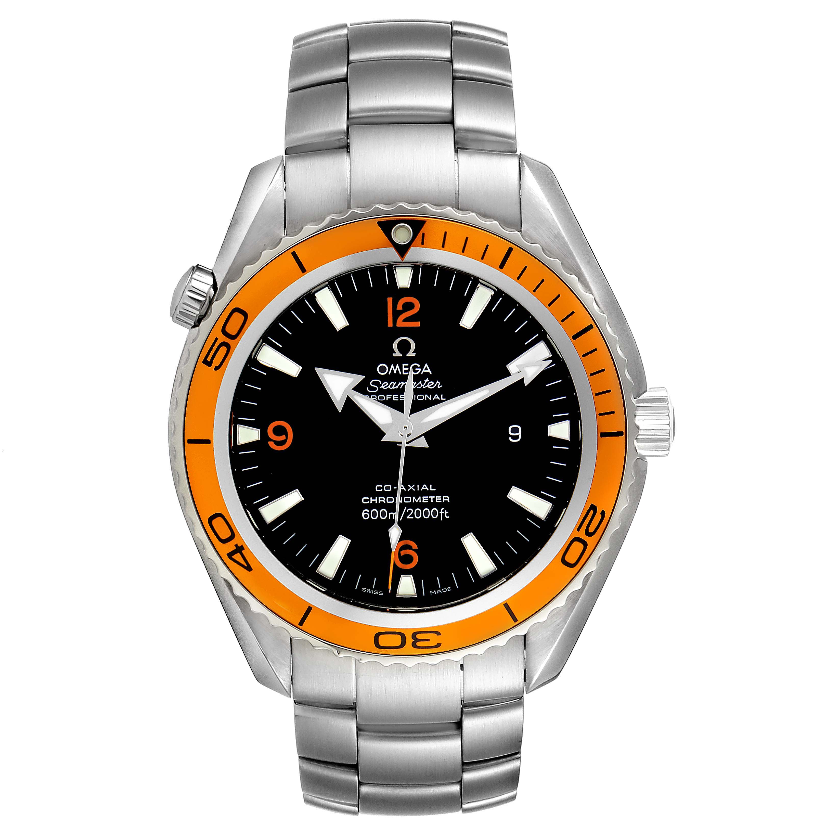 The image shows the front view of the Omega Planet Ocean 2208.50.00 Men
s Stainless Steel Black Dial 2208.50.00 Men
s Stainless Steel Black Dial watch, including its face, bezel, crown, and bracelet.