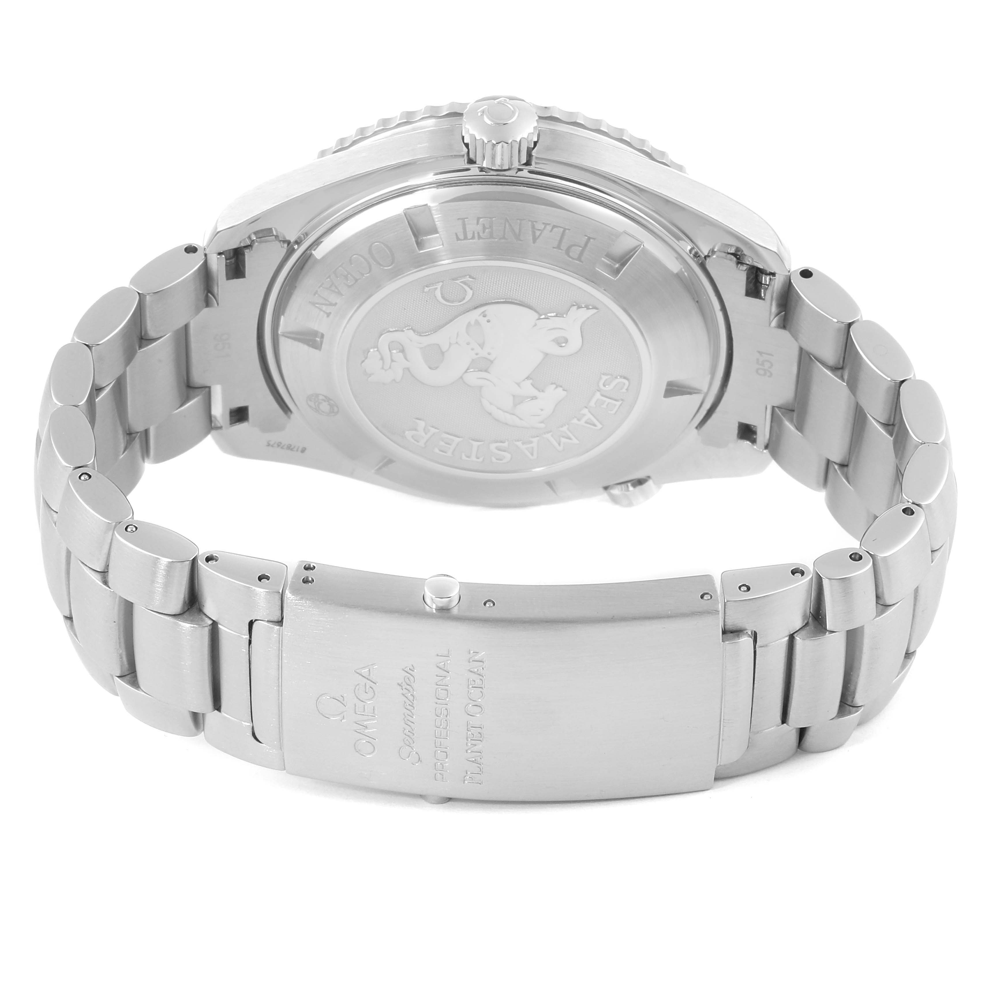 The image shows the back case and bracelet clasp of an Omega Planet Ocean 2208.50.00 Men
s Stainless Steel Black Dial 2208.50.00 Men
s Stainless Steel Black Dial watch with the Seamaster engraving visible.