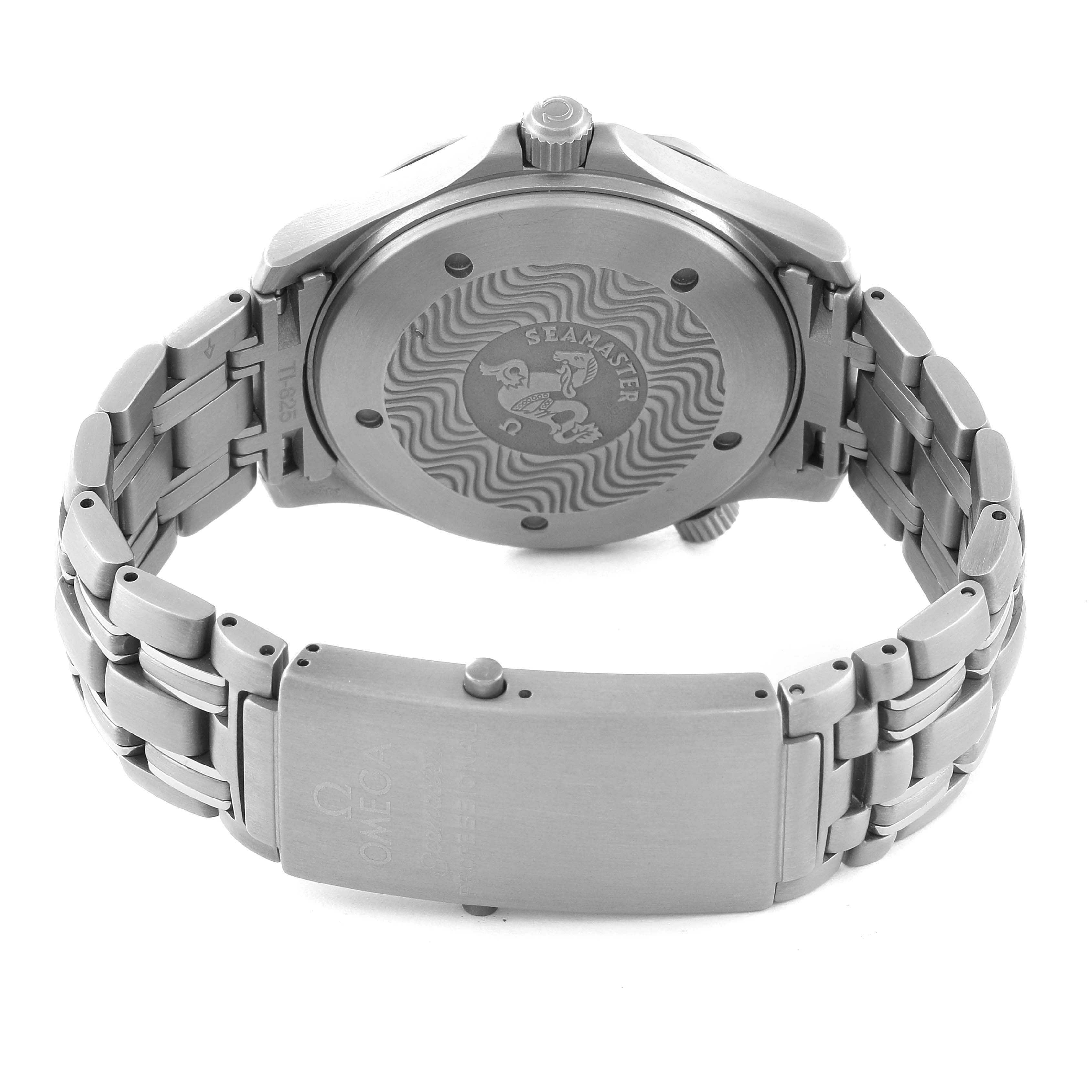 The image shows the back view of an Omega Seamaster 2232.80.00 Men's Titanium Blue Dial 2232.80.00 Men's Titanium Blue Dial watch, highlighting its case back, crown, and metal bracelet.