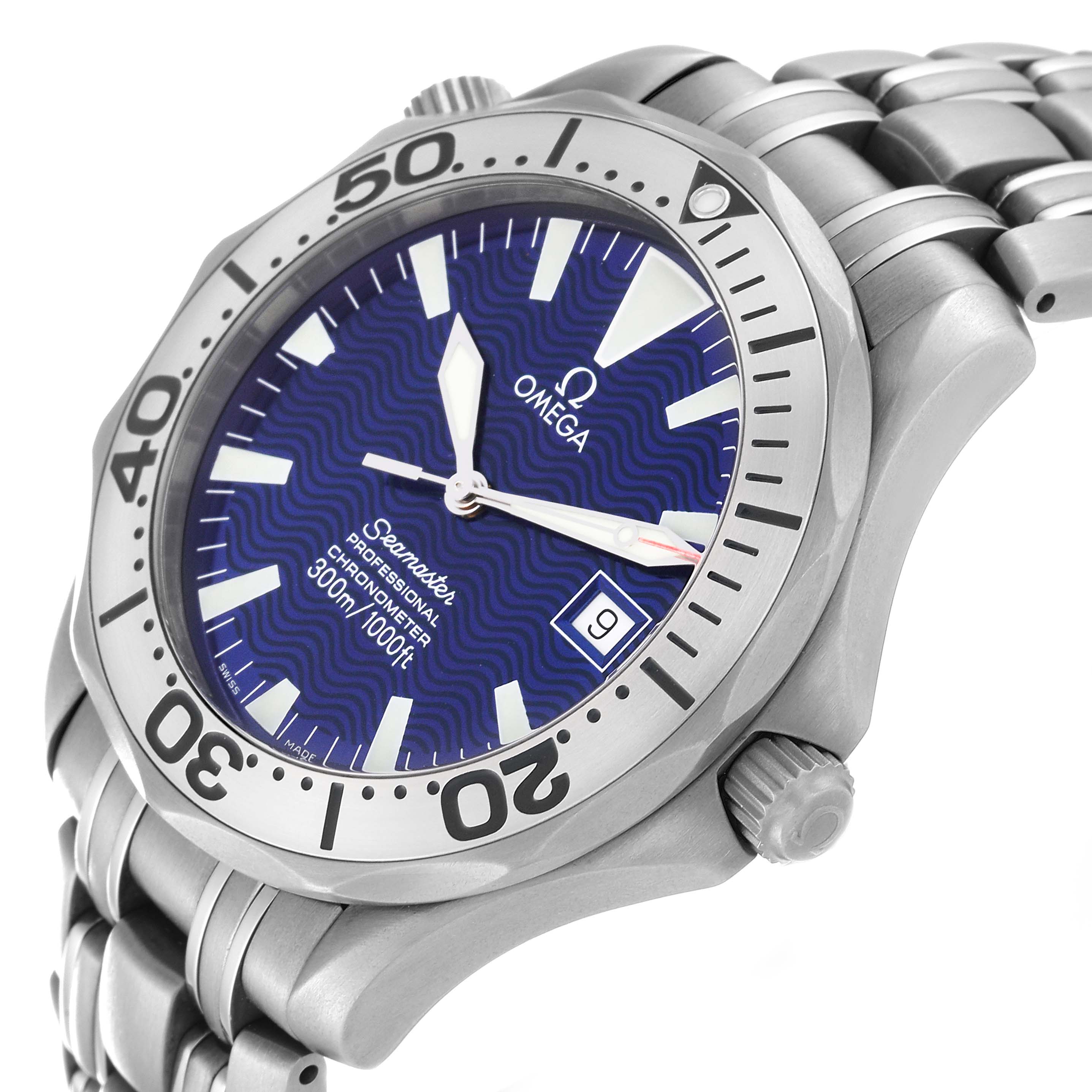 The Omega Seamaster 2232.80.00 Men's Titanium Blue Dial 2232.80.00 Men's Titanium Blue Dial watch is shown at an angled view, displaying its face, bezel, crown, bracelet, and date window.