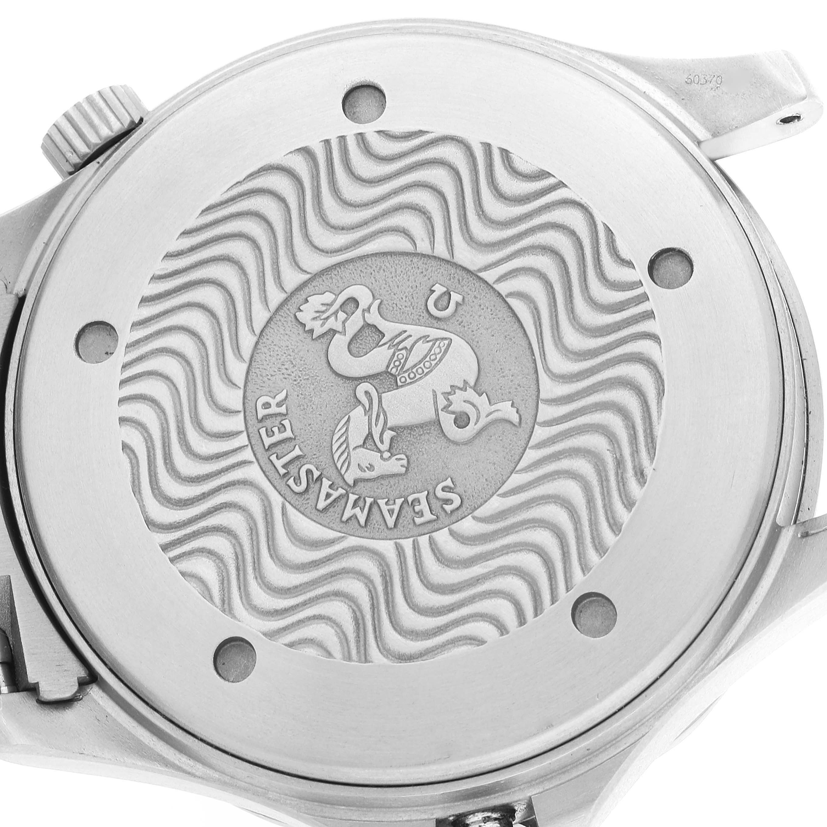 This image shows the case back of an Omega Seamaster 2232.80.00 Men's Titanium Blue Dial 2232.80.00 Men's Titanium Blue Dial watch with its distinctive wave pattern and engraved logo.