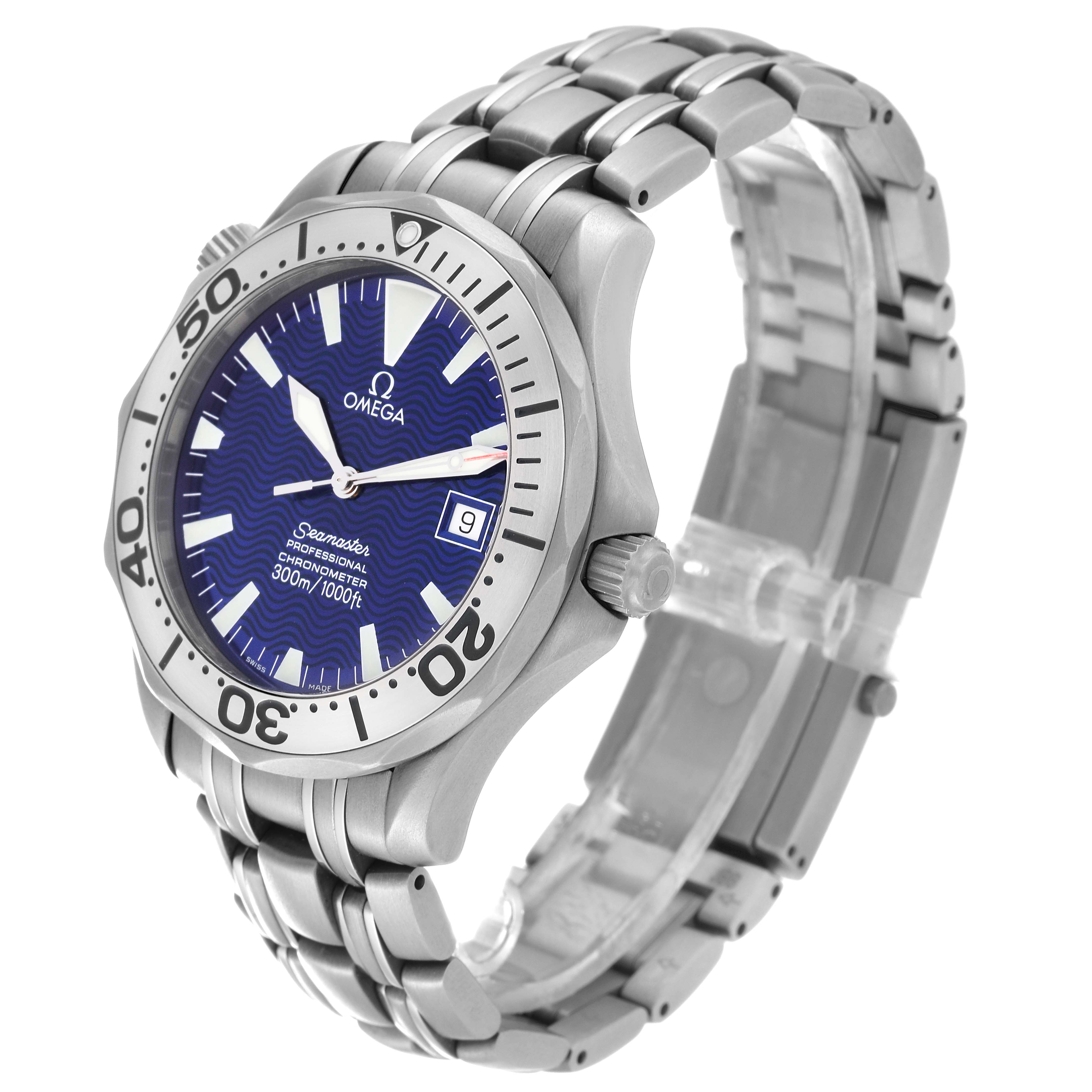 This image shows an angled view of an Omega Seamaster 2232.80.00 Men's Titanium Blue Dial 2232.80.00 Men's Titanium Blue Dial watch, highlighting the dial, bezel, bracelet, and date window.