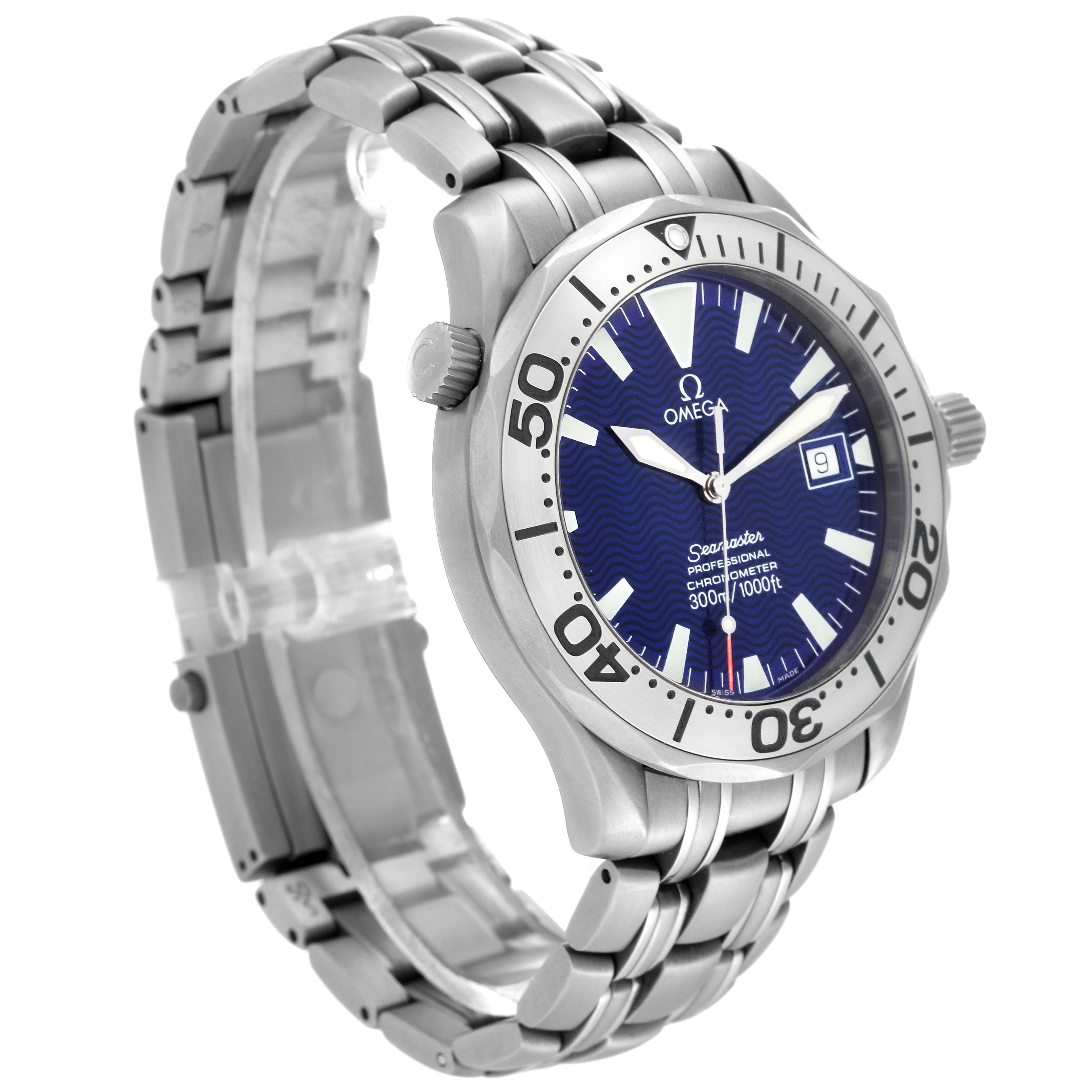 The Omega Seamaster 2232.80.00 Men's Titanium Blue Dial 2232.80.00 Men's Titanium Blue Dial watch is shown at an angled side view, highlighting its face, bezel, crown, and metal bracelet.