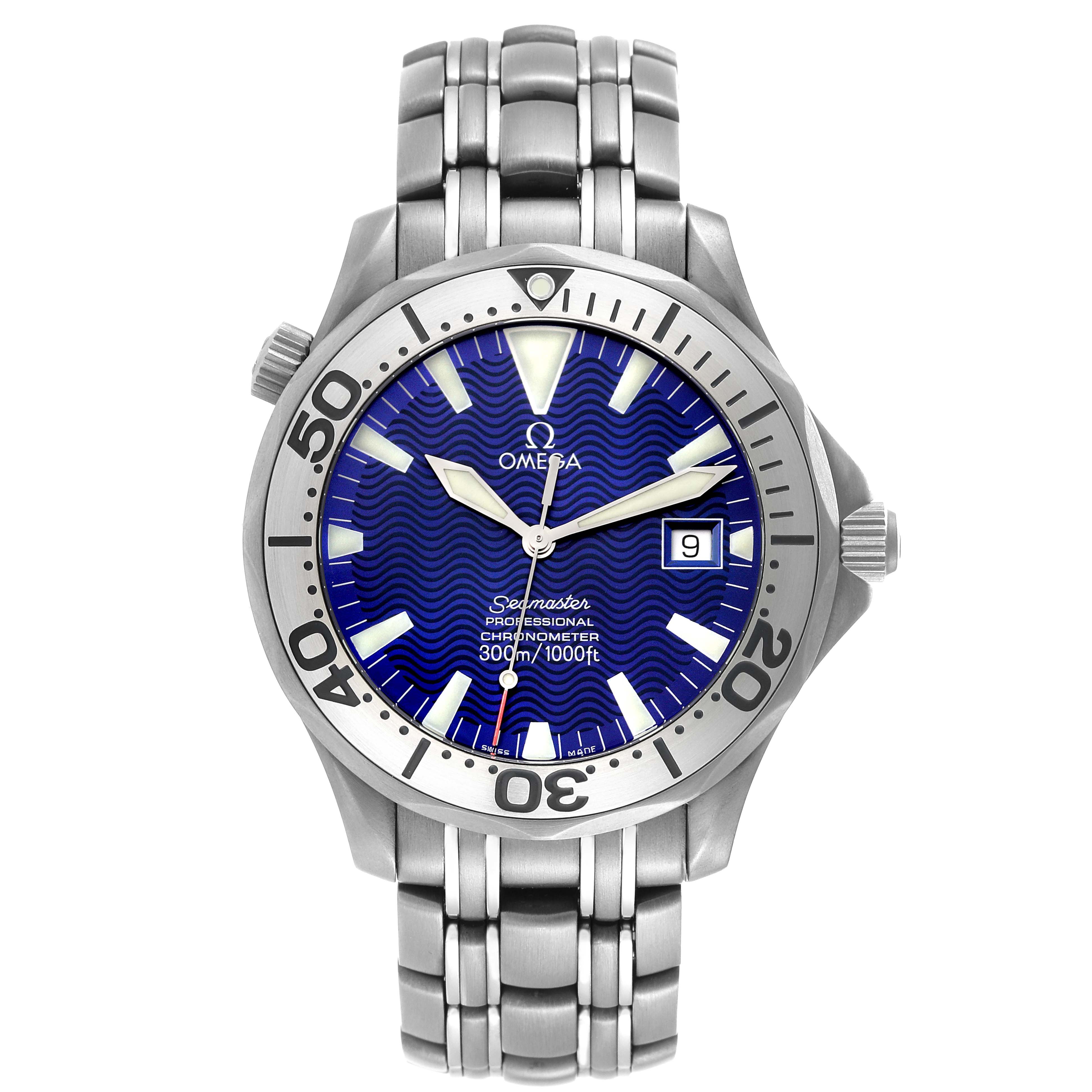 The image shows a full frontal view of an Omega Seamaster 2232.80.00 Men's Titanium Blue Dial 2232.80.00 Men's Titanium Blue Dial watch, featuring a blue dial and stainless steel bracelet.