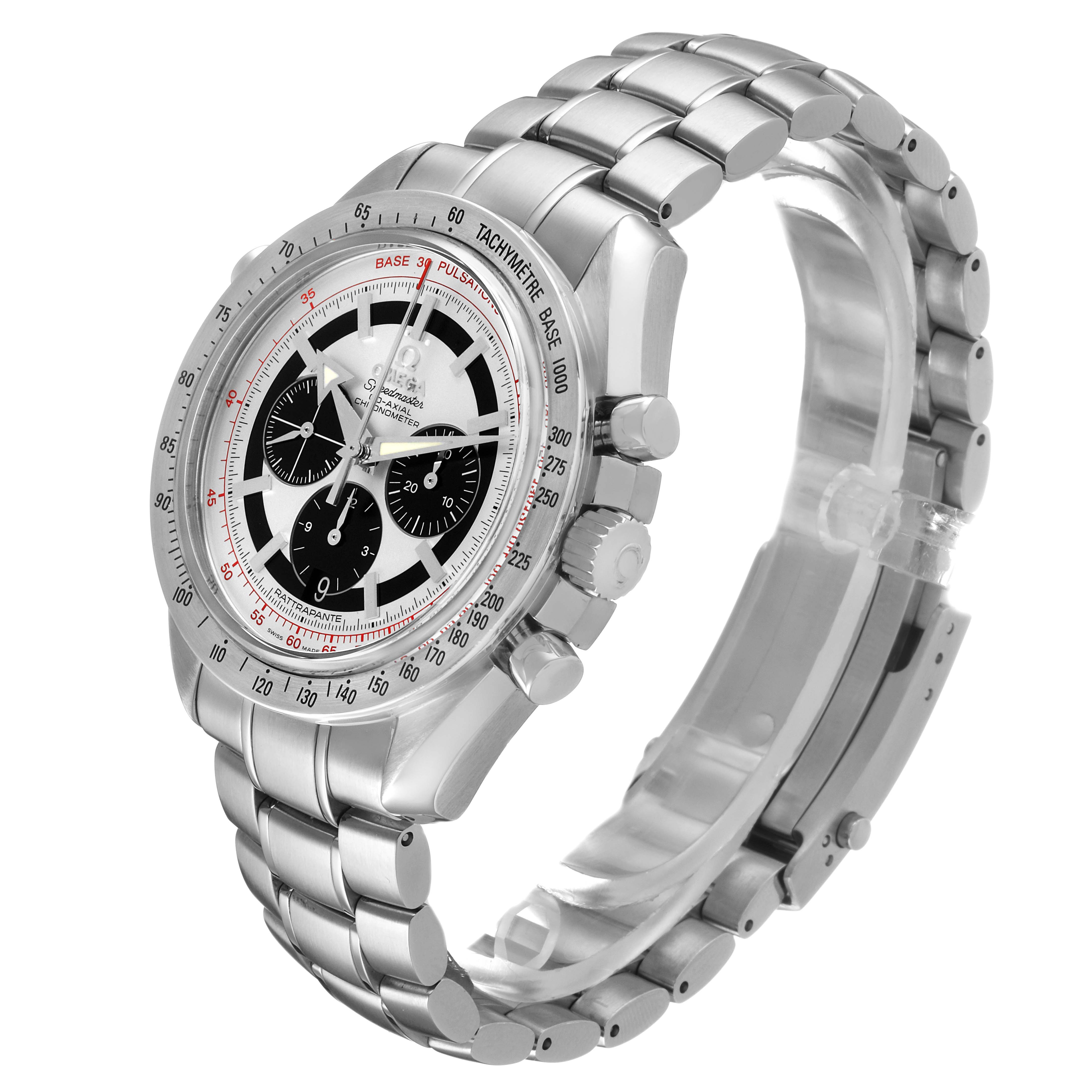 The Omega Speedmaster 3582.31.00 Men's Stainless Steel Silver Dial watch is shown at a three-quarter angle, highlighting its face, bezel, bracelet, and pushers.