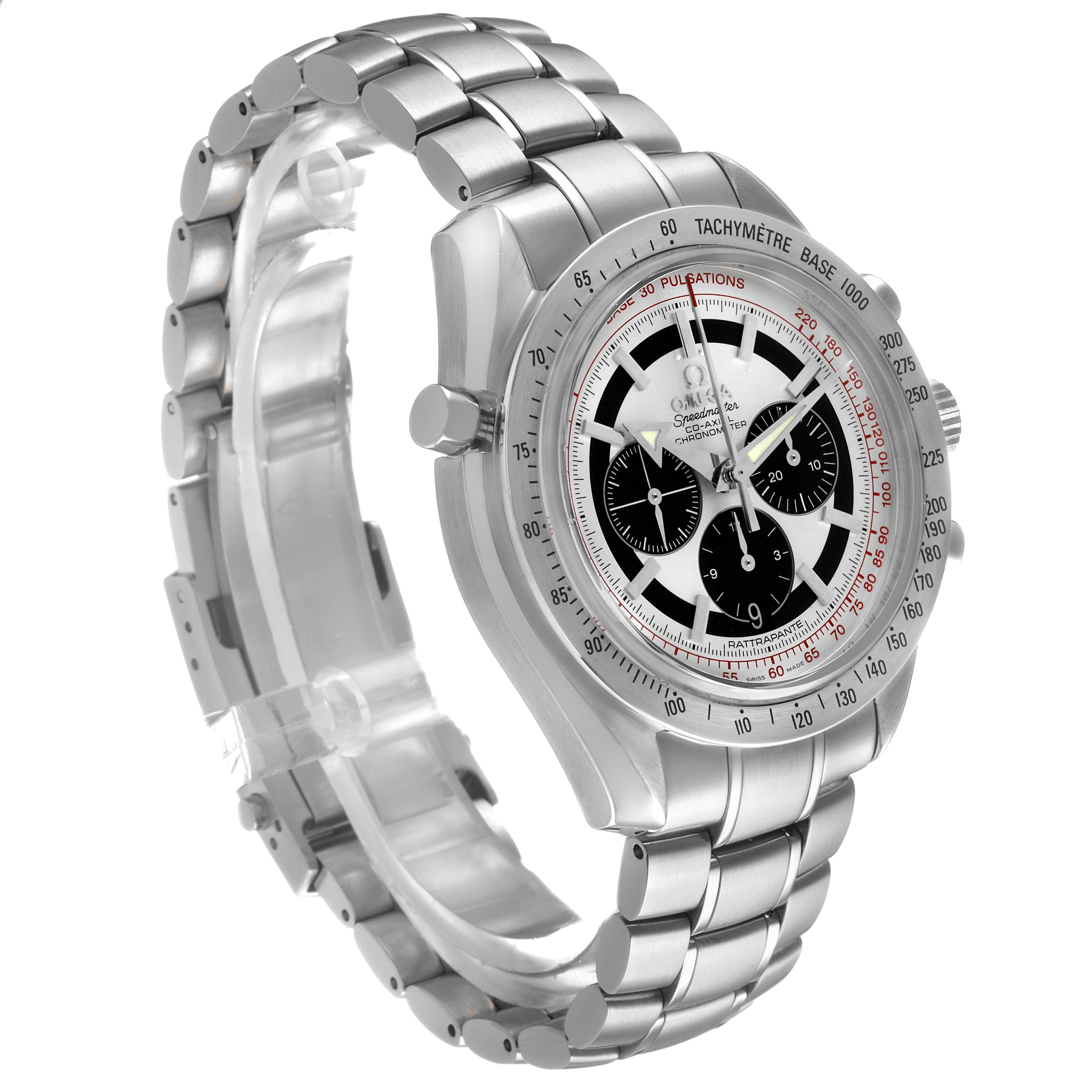 The Omega Speedmaster 3582.31.00 Men's Stainless Steel Silver Dial watch is shown at a three-quarter angle, displaying the face, bezel, crown, and metal bracelet.