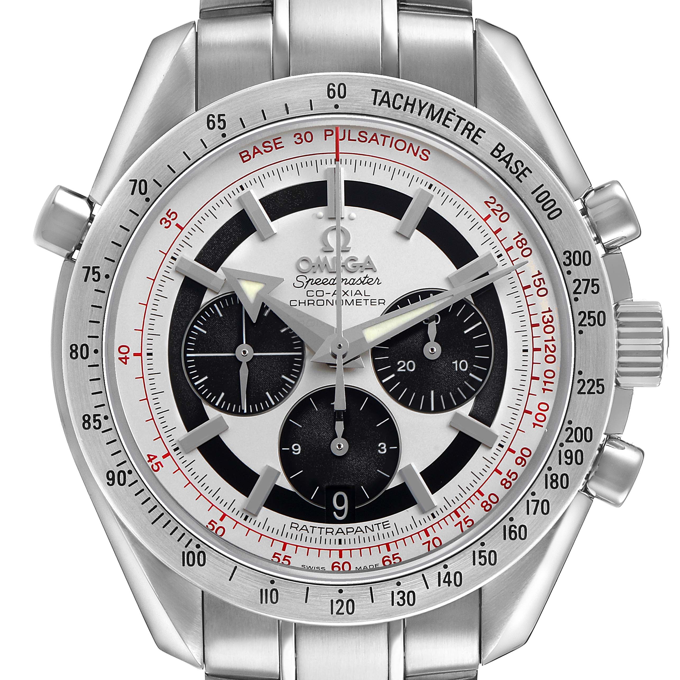 The Omega Speedmaster 3582.31.00 Men's Stainless Steel Silver Dial watch is shown from a front angle, highlighting its dial, tachymeter bezel, and chronograph sub-dials.