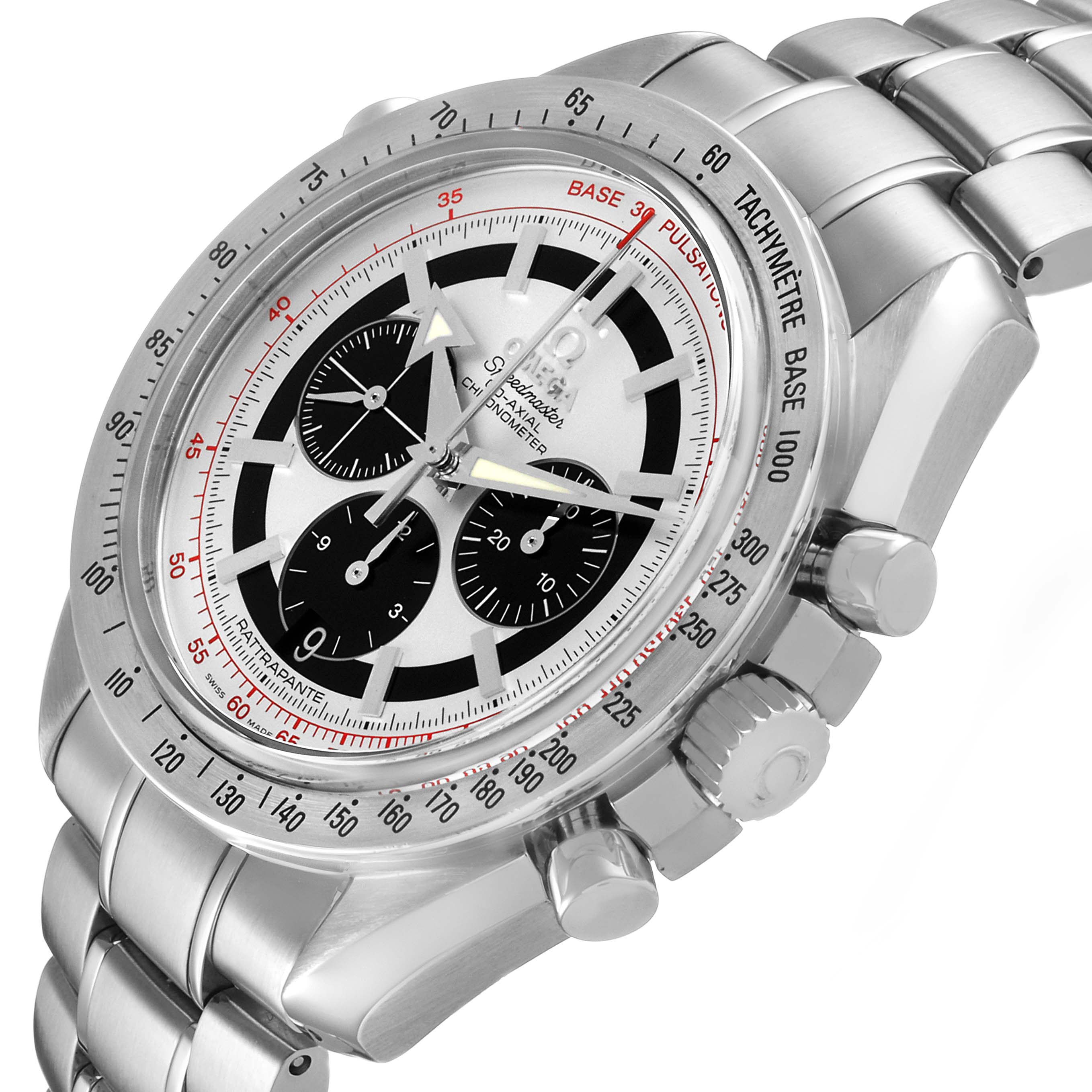 The Omega Speedmaster 3582.31.00 Men's Stainless Steel Silver Dial watch is shown at an angle highlighting its face, bezel, push buttons, and stainless steel bracelet.
