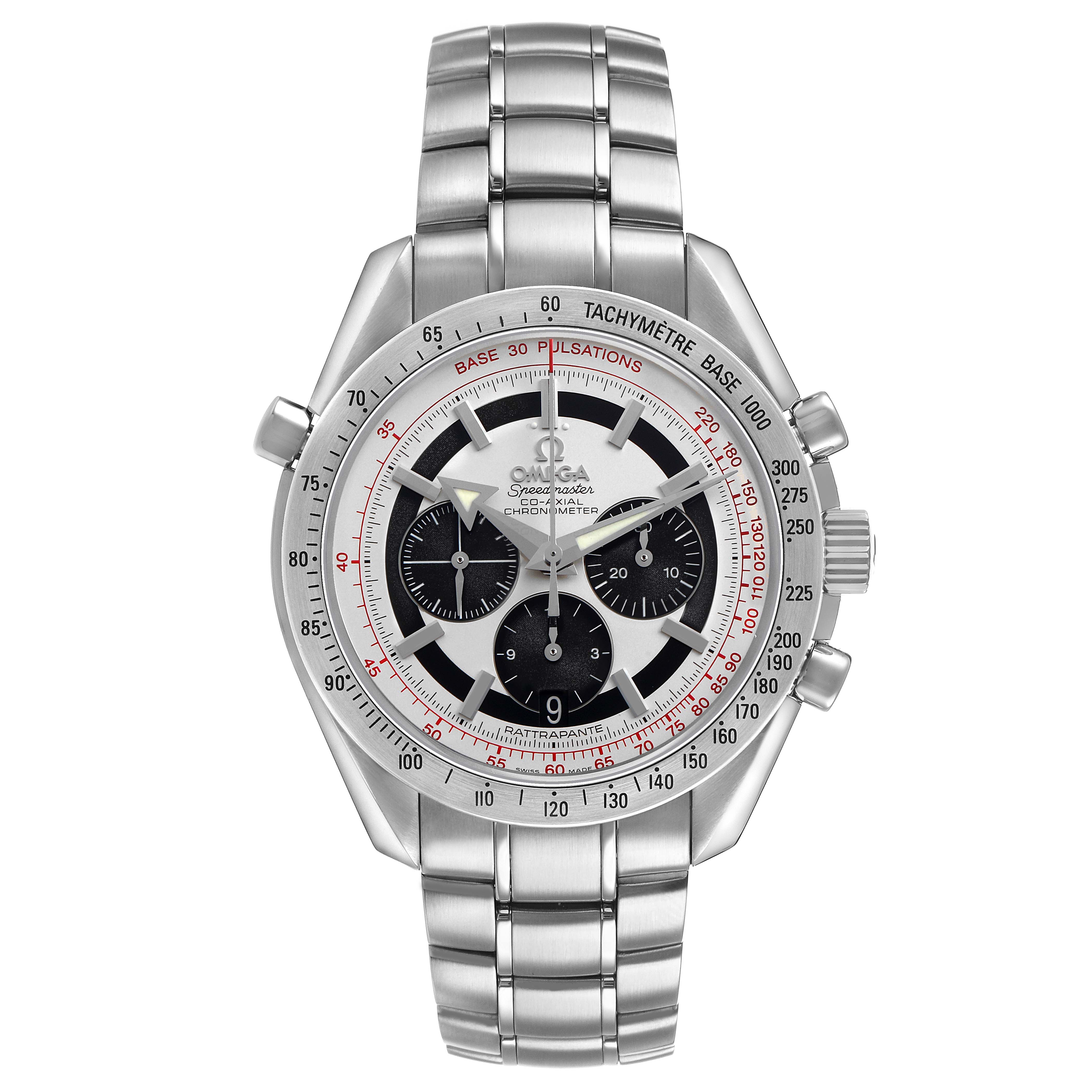The Omega Speedmaster 3582.31.00 Men's Stainless Steel Silver Dial watch is shown from a front angle, highlighting the dial, bezel, pushers, crown, and bracelet.