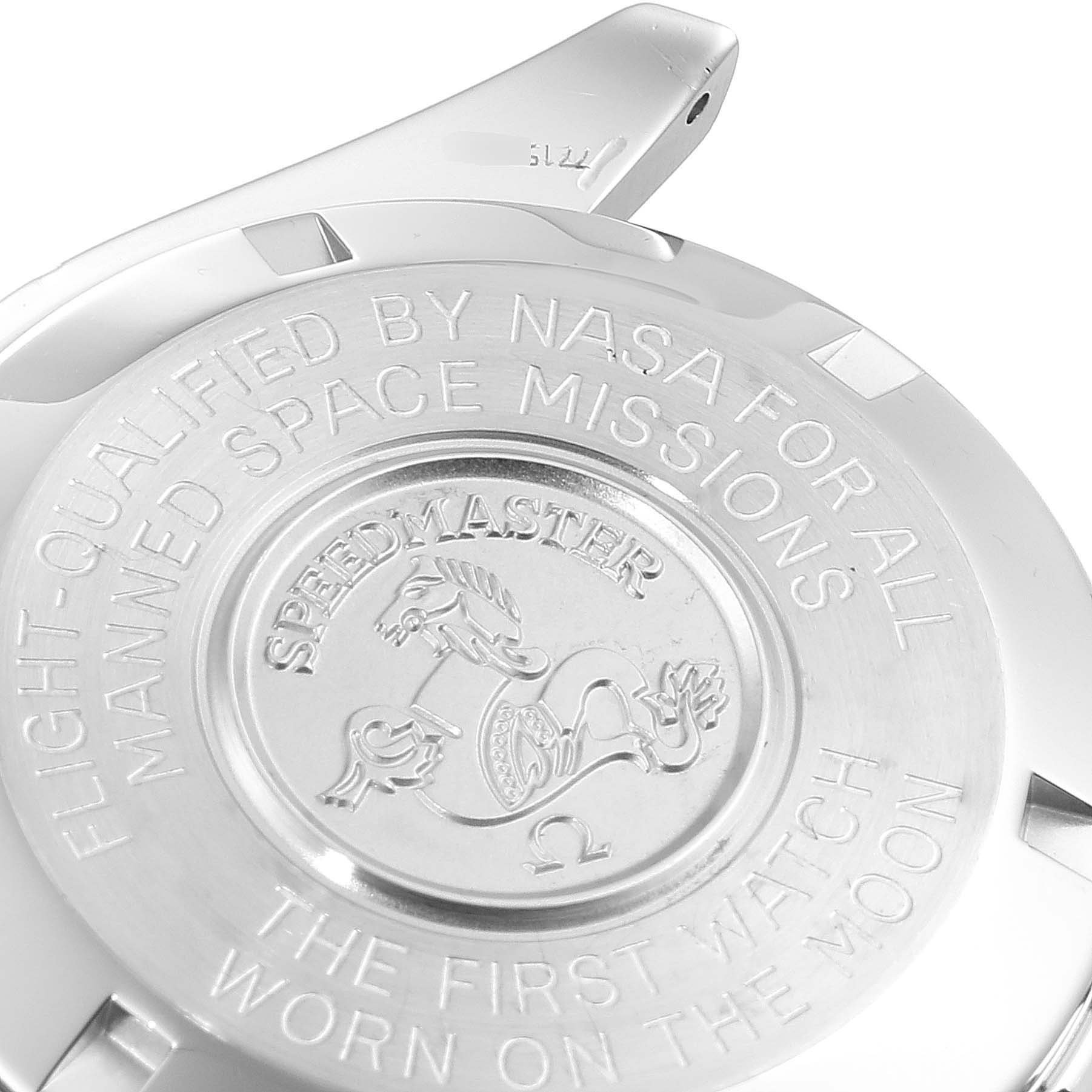 The image shows the case back of the Omega Speedmaster 3570.50.00 Men
s Stainless Steel Black Dial 3570.50.00 Men
s Stainless Steel Black Dial watch, highlighting its NASA qualification and moon landing inscription.