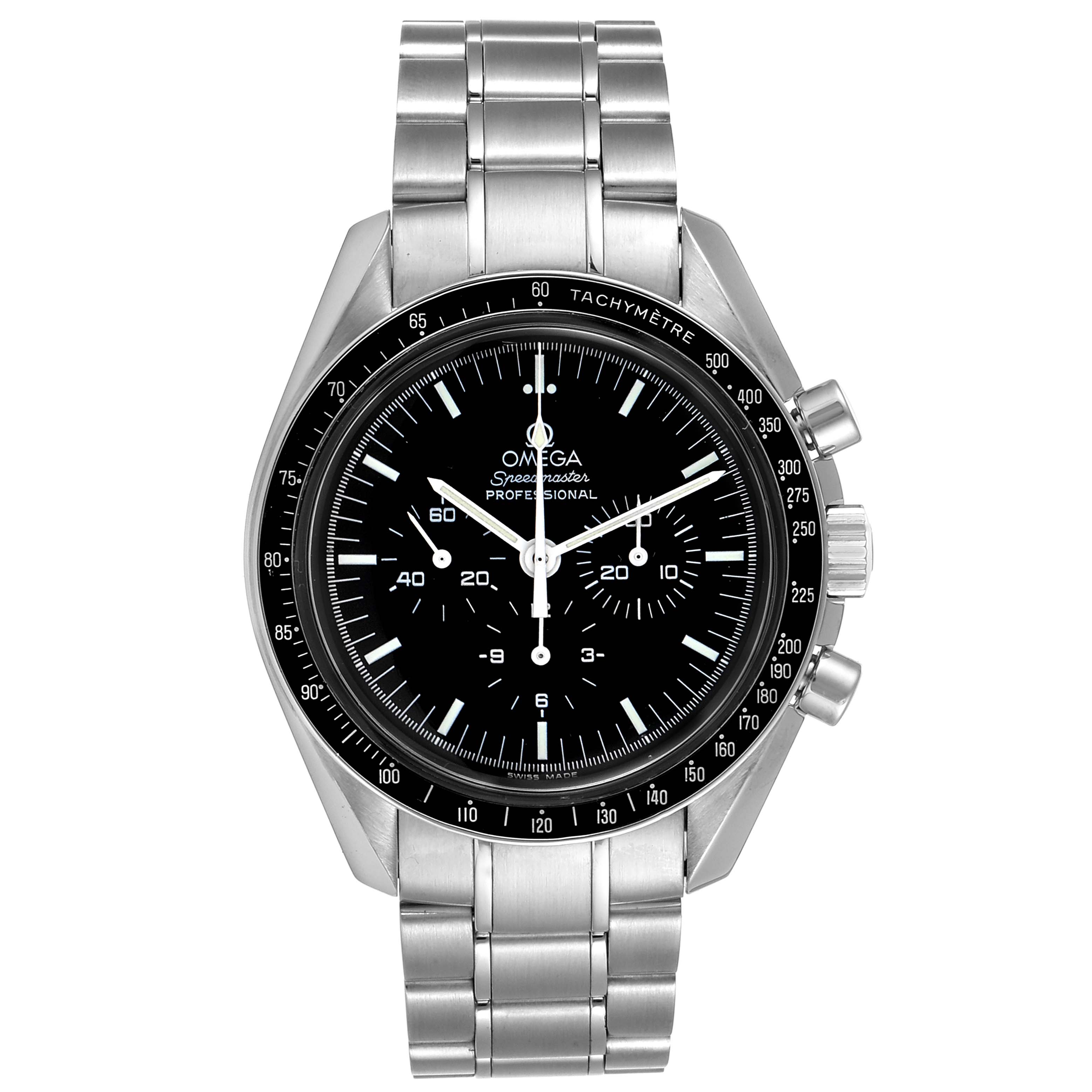 The Omega Speedmaster 3570.50.00 Men
s Stainless Steel Black Dial 3570.50.00 Men
s Stainless Steel Black Dial watch is shown from a front angle, displaying the dial, bezel, and metal bracelet.