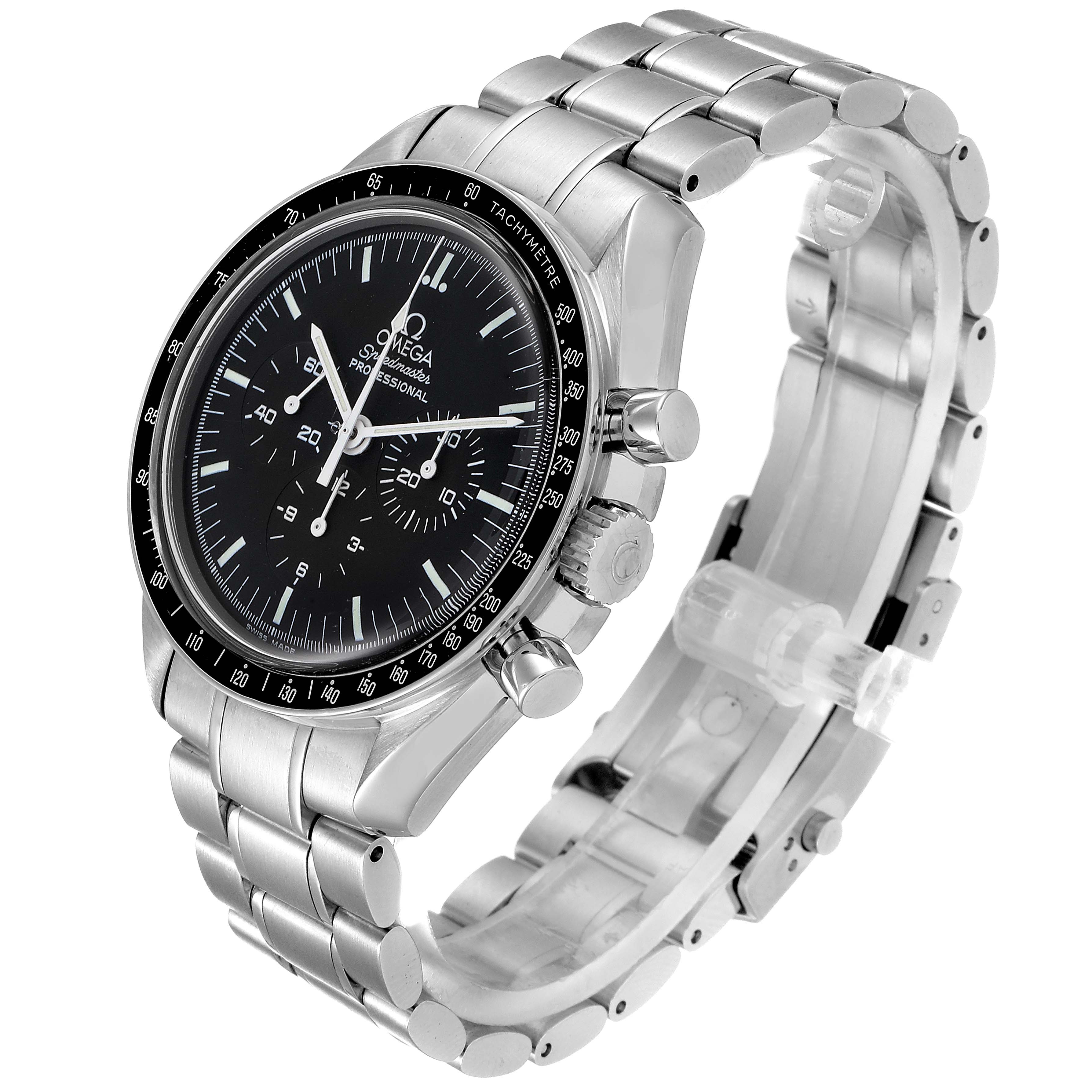The Omega Speedmaster 3570.50.00 Men
s Stainless Steel Black Dial 3570.50.00 Men
s Stainless Steel Black Dial watch is shown from an angled side view, highlighting the face, bezel, crown, and bracelet.