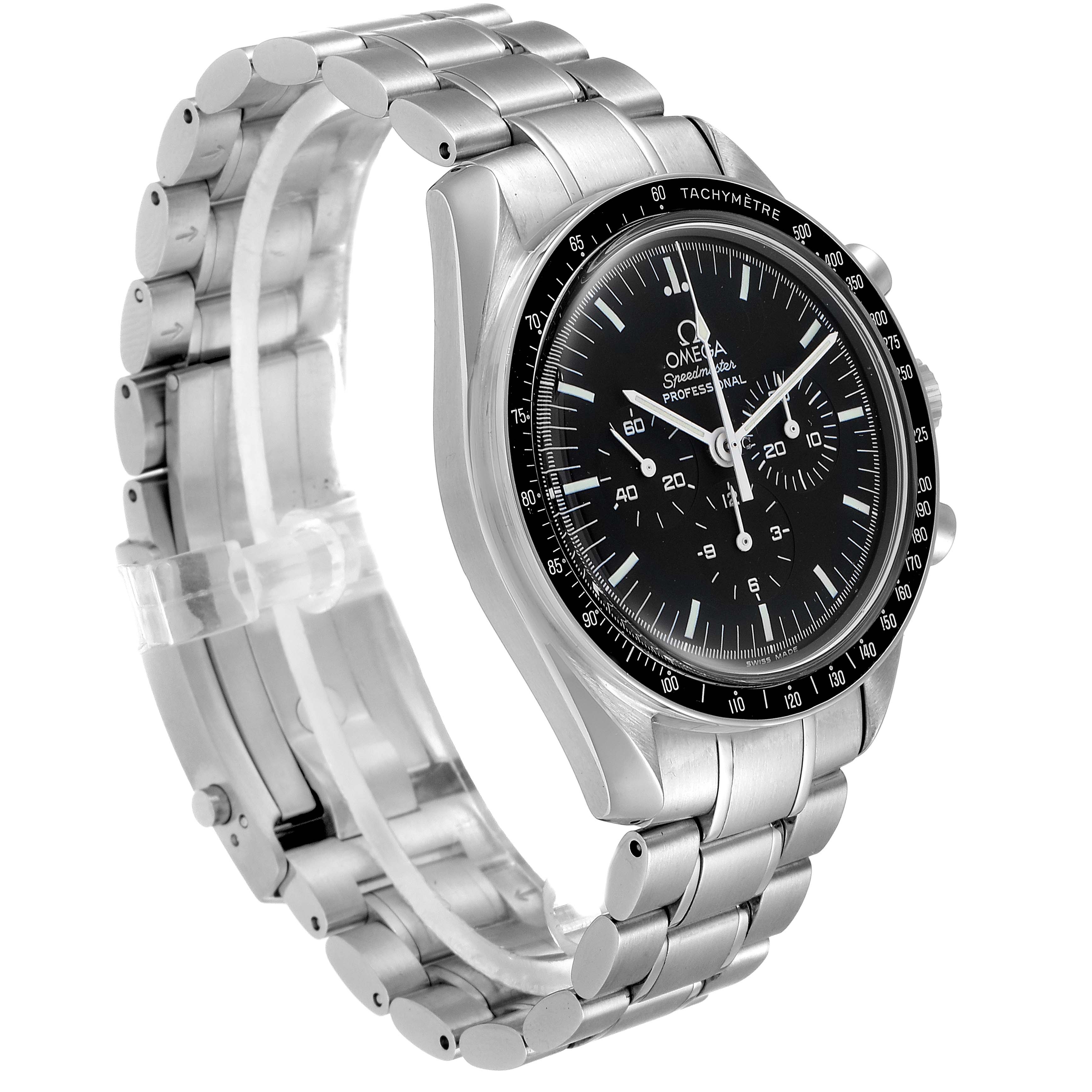 The Omega Speedmaster 3570.50.00 Men
s Stainless Steel Black Dial 3570.50.00 Men
s Stainless Steel Black Dial watch is shown at a three-quarter angle, highlighting the bracelet, case, and tachymeter bezel.