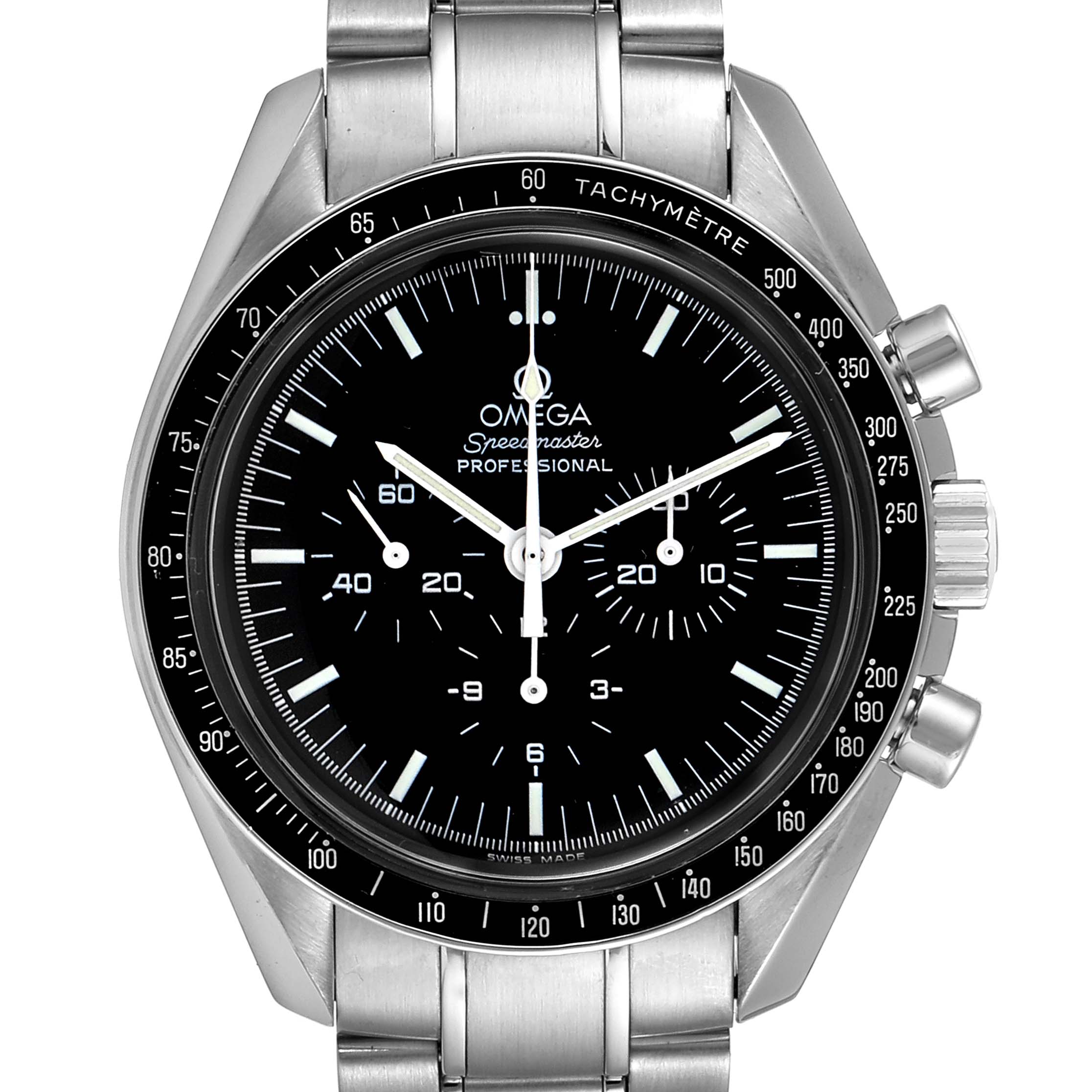 This image shows a frontal view of an Omega Speedmaster 3570.50.00 Men
s Stainless Steel Black Dial 3570.50.00 Men
s Stainless Steel Black Dial watch, displaying its dial, tachymeter bezel, and stainless steel bracelet.