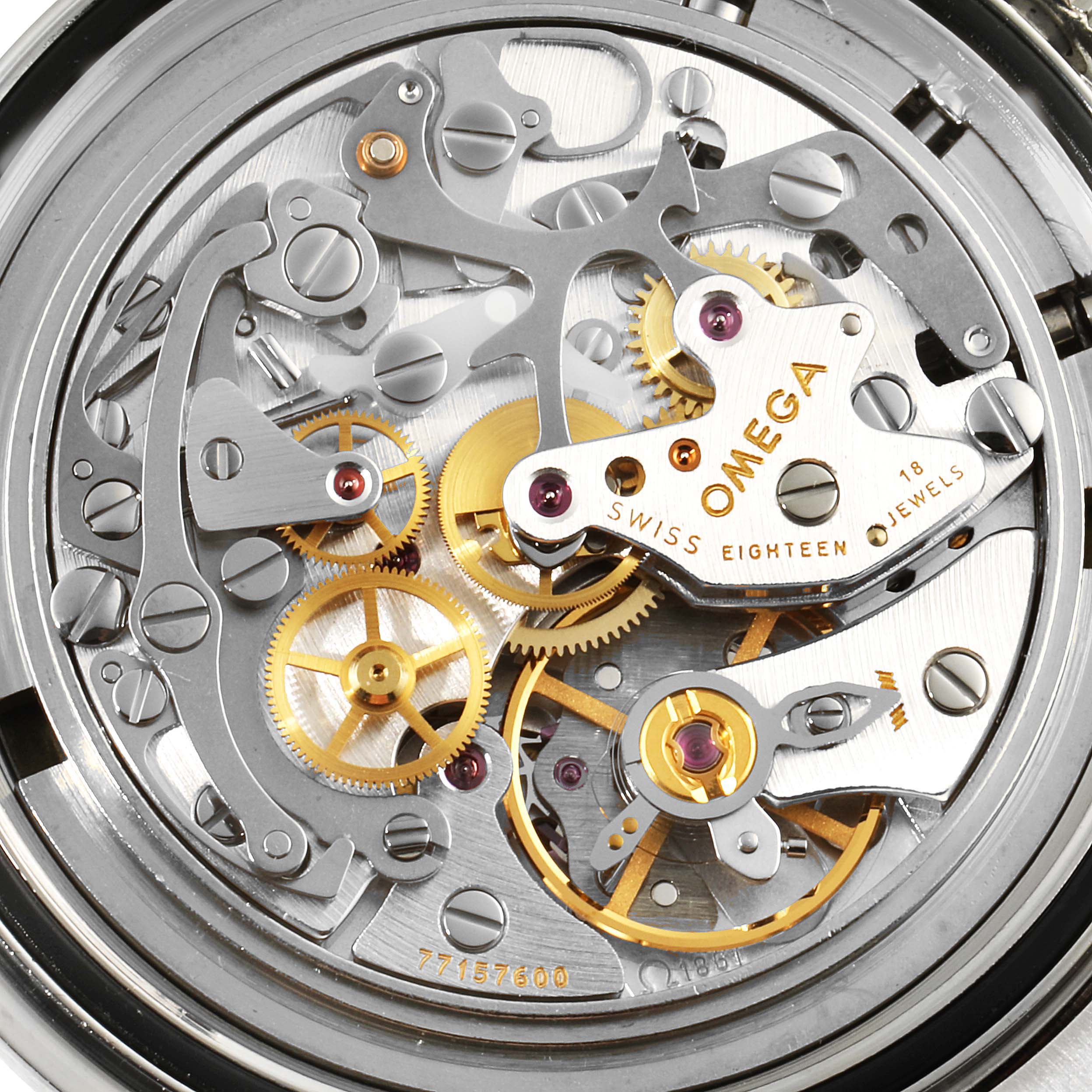 The image displays the intricate movement and gears of an Omega Speedmaster 3570.50.00 Men
s Stainless Steel Black Dial 3570.50.00 Men
s Stainless Steel Black Dial watch from a close-up, backside view.