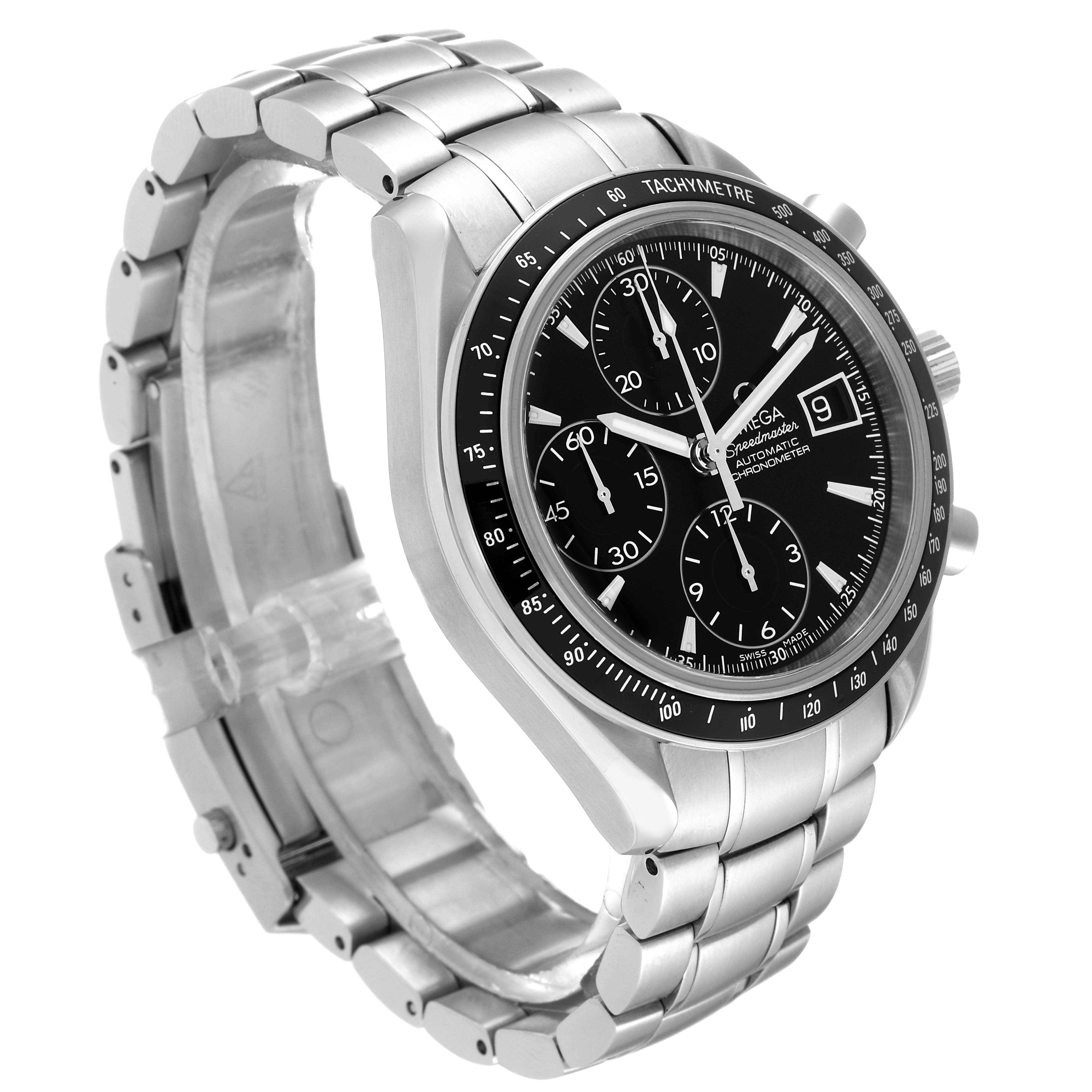 The image shows an Omega Speedmaster 3210.50.00 Men
s Stainless Steel Black Dial 3210.50.00 Men
s Stainless Steel Black Dial watch at a three-quarter angle, highlighting its bezel, dial, chronograph subdials, and metal bracelet.