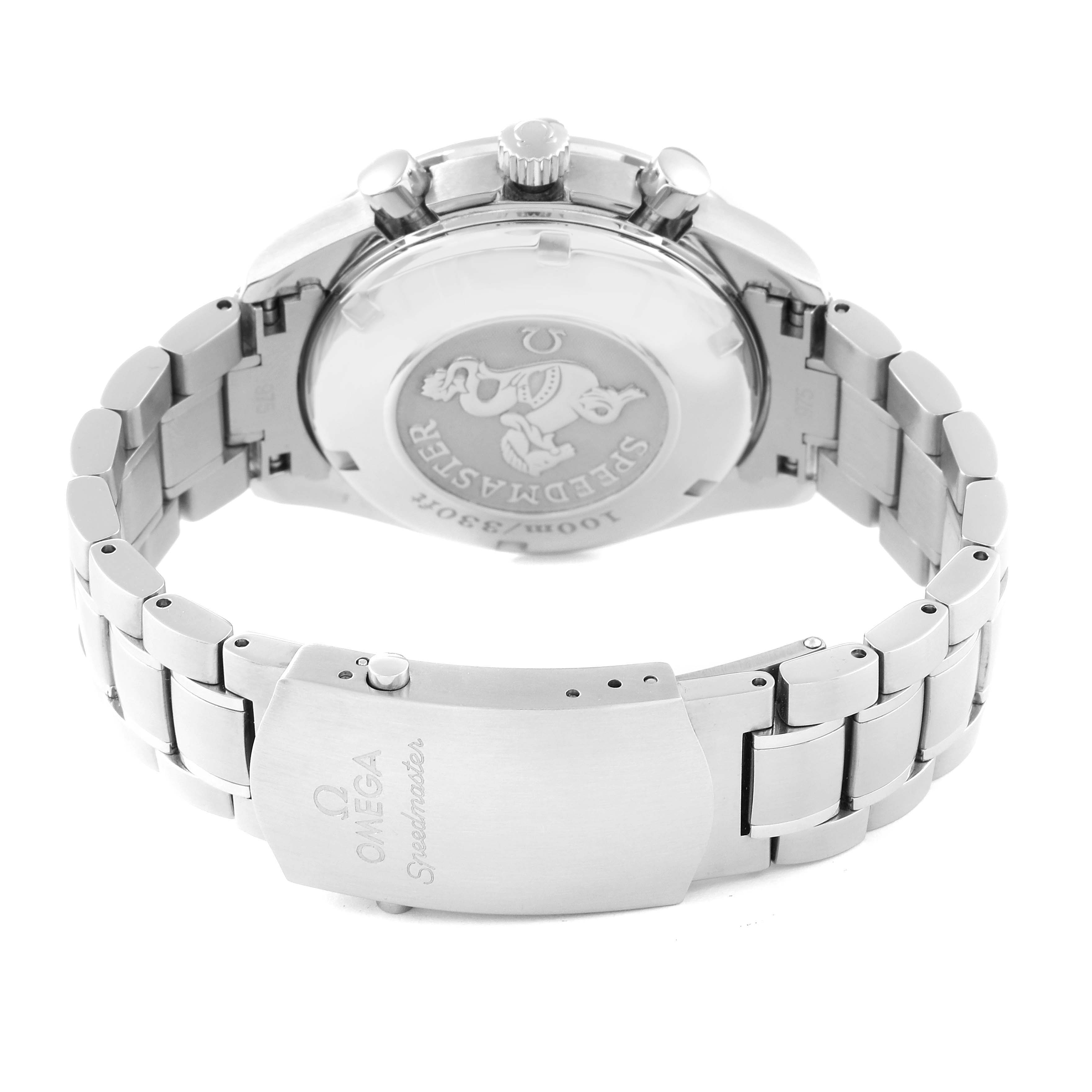 The image shows the back and clasp of an Omega Speedmaster 3210.50.00 Men
s Stainless Steel Black Dial 3210.50.00 Men
s Stainless Steel Black Dial watch at a rear angle.