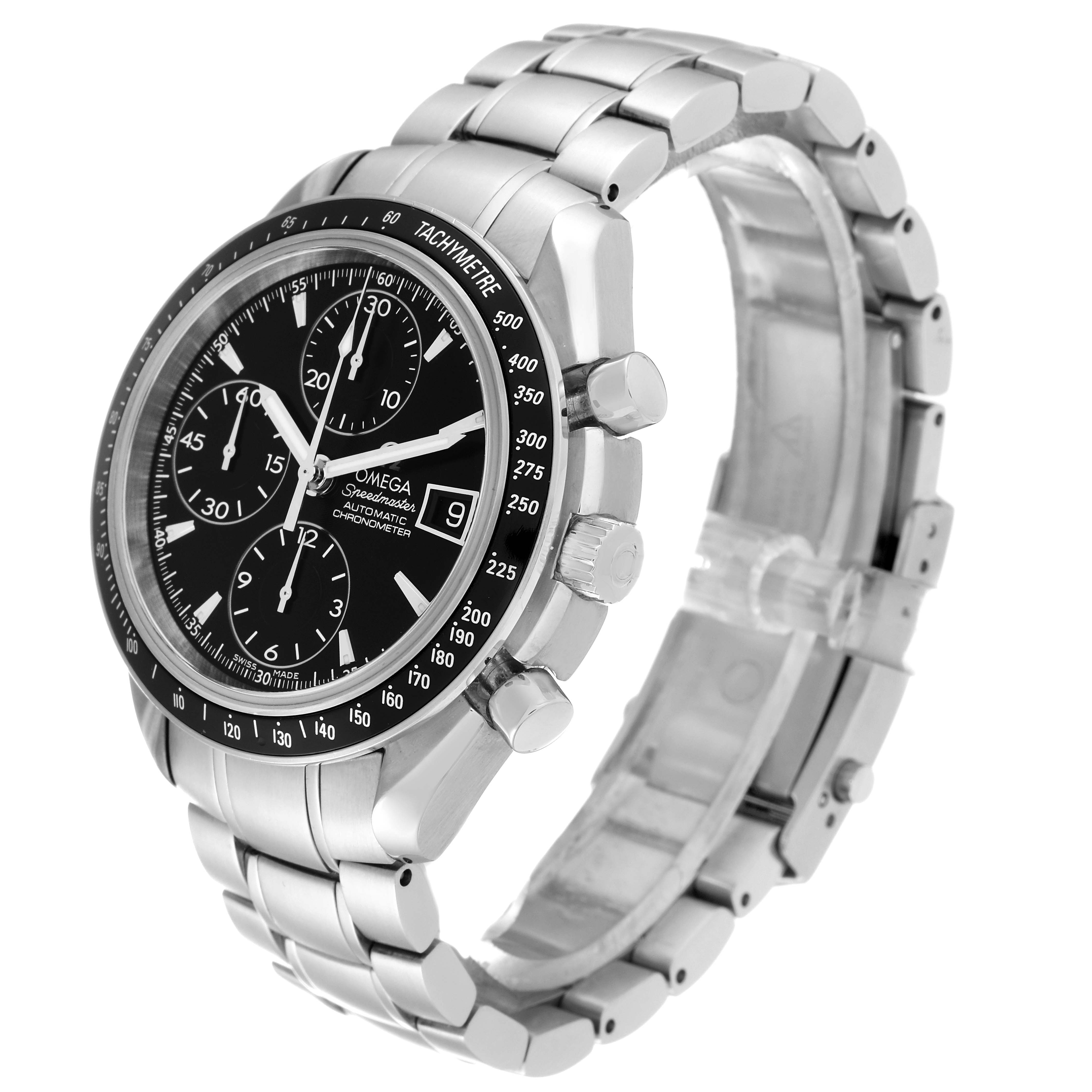 The Omega Speedmaster 3210.50.00 Men
s Stainless Steel Black Dial 3210.50.00 Men
s Stainless Steel Black Dial watch is shown at a slight angle, displaying the face, chronograph dials, tachymeter, and bracelet.