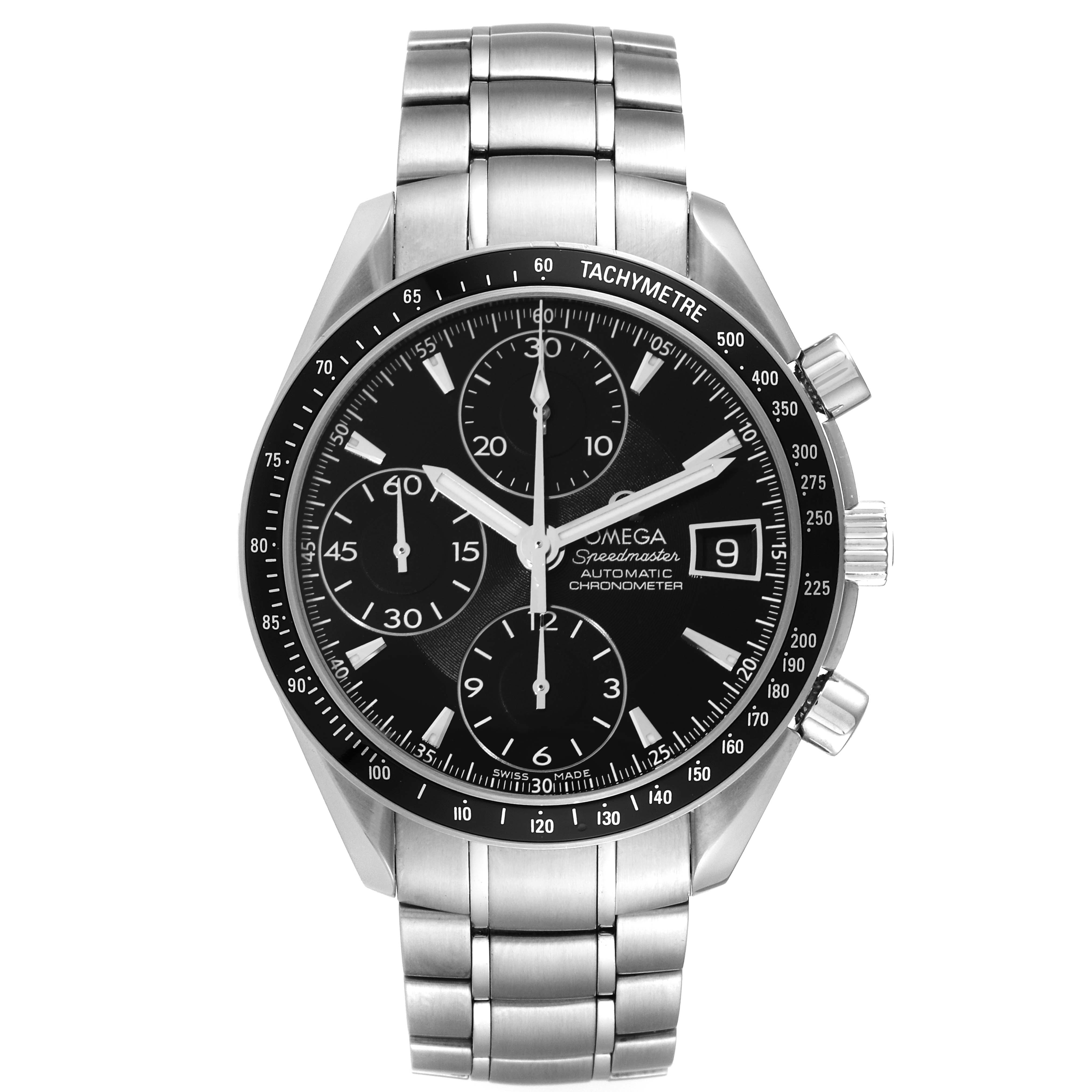 The image shows a front view of an Omega Speedmaster 3210.50.00 Men
s Stainless Steel Black Dial 3210.50.00 Men
s Stainless Steel Black Dial watch displaying the dial, subdials, date window, and stainless steel bracelet.