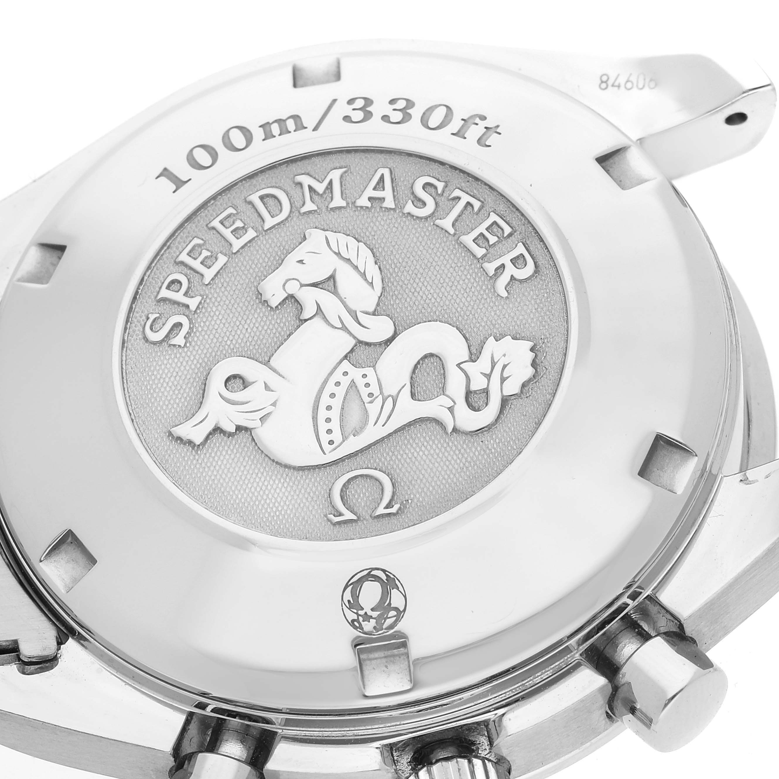 This image shows the back case of the Omega Speedmaster 3210.50.00 Men
s Stainless Steel Black Dial 3210.50.00 Men
s Stainless Steel Black Dial watch, highlighting the engraved logo and water resistance information.