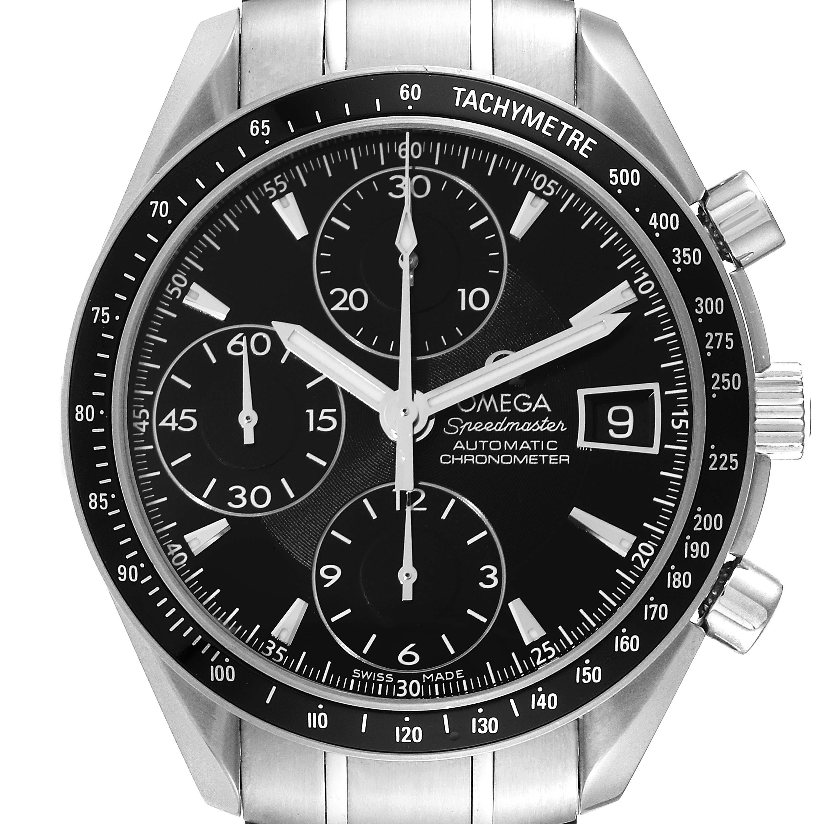 The image shows a frontal view of the Omega Speedmaster 3210.50.00 Men
s Stainless Steel Black Dial 3210.50.00 Men
s Stainless Steel Black Dial watch, highlighting its dial, chronographs, and tachymeter bezel.