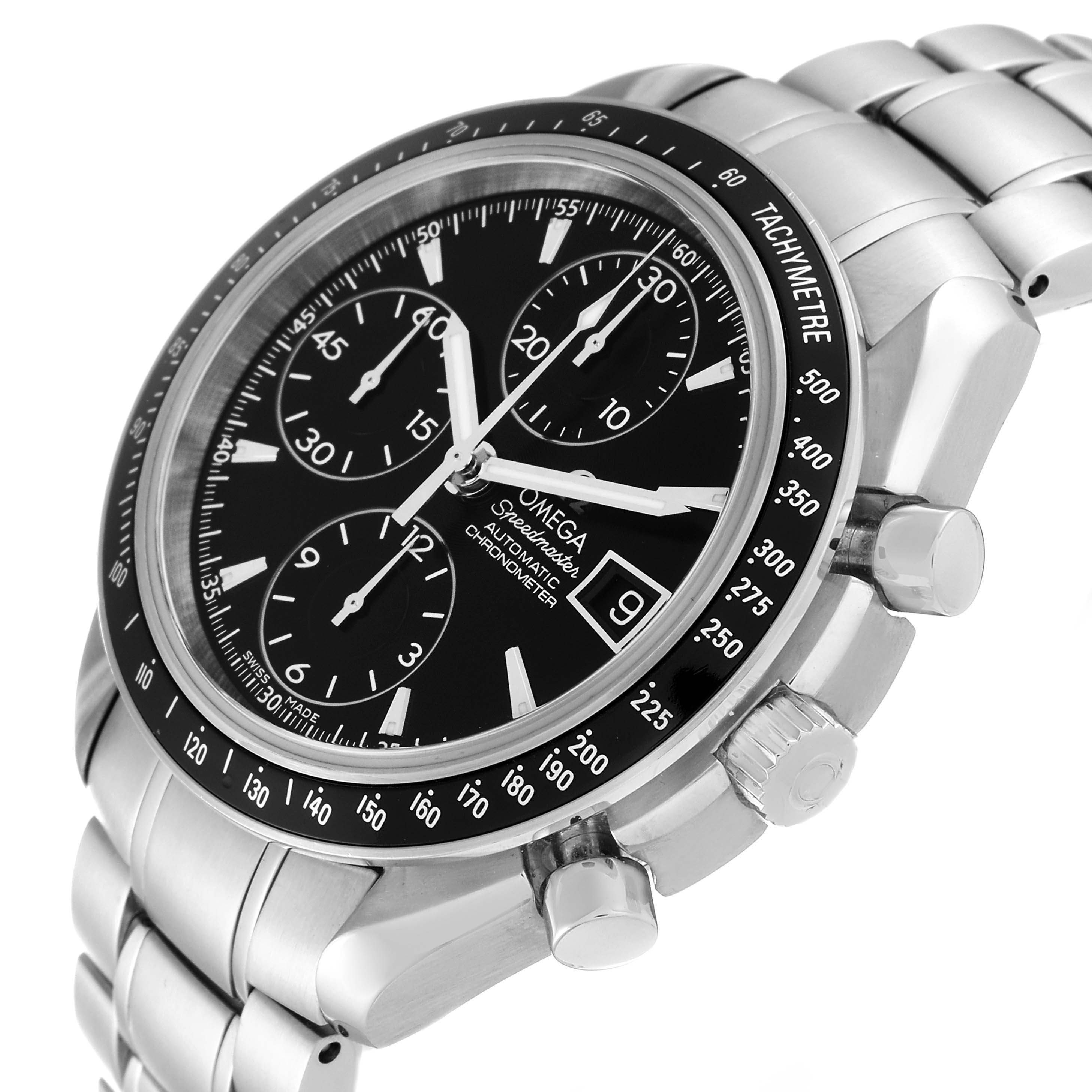 The Omega Speedmaster 3210.50.00 Men
s Stainless Steel Black Dial 3210.50.00 Men
s Stainless Steel Black Dial watch is shown at a tilted angle, highlighting the face, bezel, pushers, crown, and bracelet.