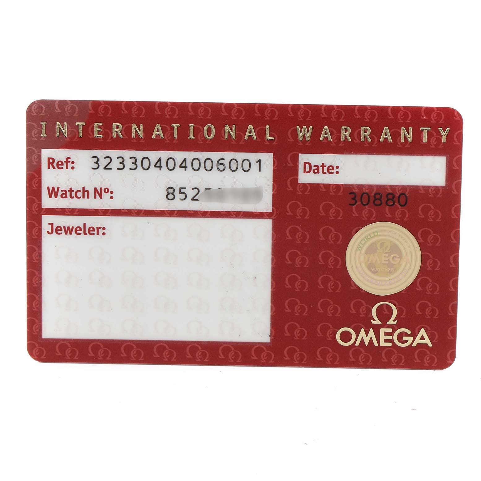 The image shows the international warranty card for the Omega Speedmaster 323.30.40.40.06.001 Men's Stainless Steel Grey Dial 323.30.40.40.06.001 Men's Stainless Steel Grey Dial watch model.