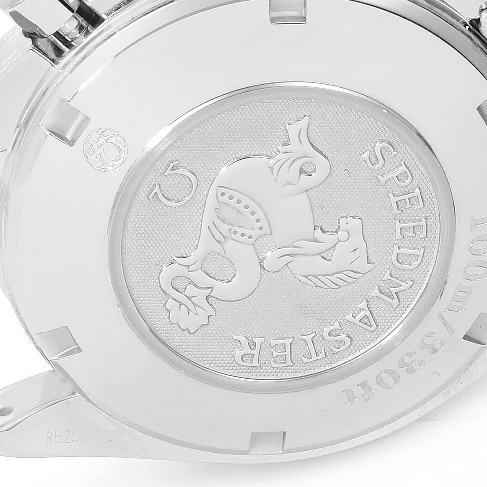 This image shows the case back of the Omega Speedmaster 323.30.40.40.06.001 Men's Stainless Steel Grey Dial 323.30.40.40.06.001 Men's Stainless Steel Grey Dial watch with its logo and engraved details.