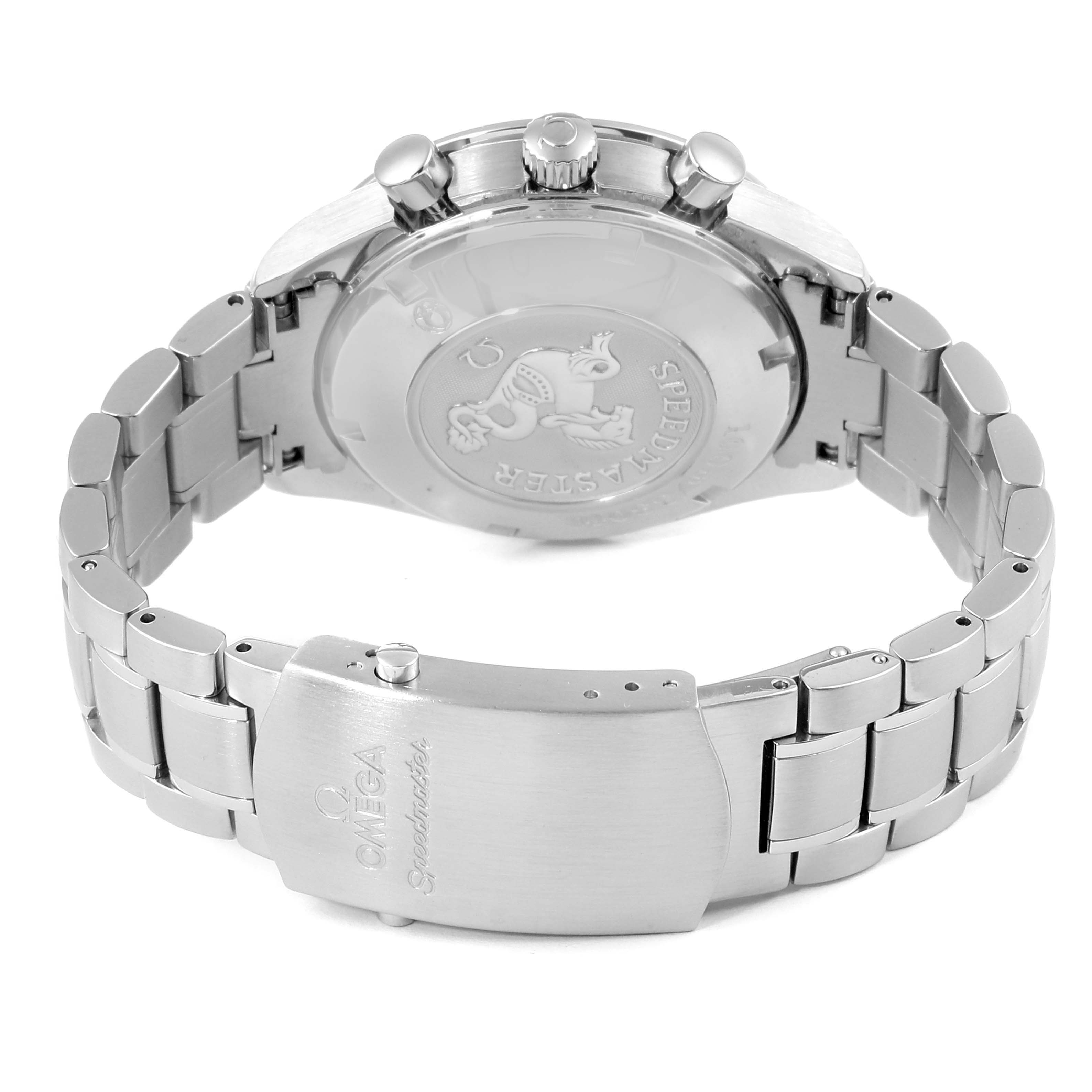 The image shows the backside and bracelet of the Omega Speedmaster 323.30.40.40.06.001 Men's Stainless Steel Grey Dial 323.30.40.40.06.001 Men's Stainless Steel Grey Dial watch, highlighting the clasp and caseback engravings.
