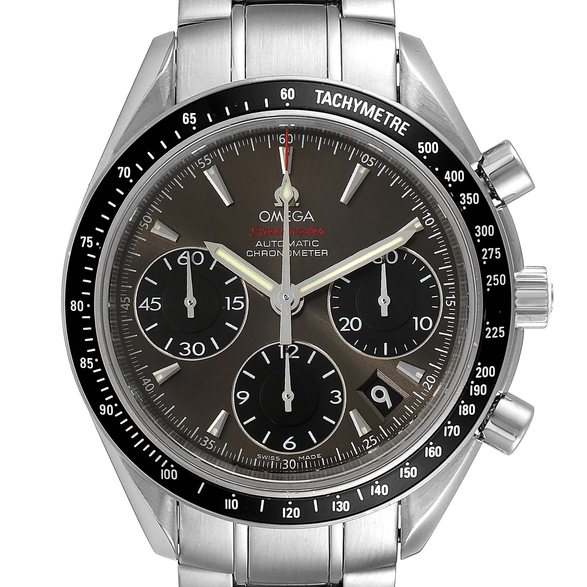 The image shows a front view of the Omega Speedmaster 323.30.40.40.06.001 Men's Stainless Steel Grey Dial 323.30.40.40.06.001 Men's Stainless Steel Grey Dial watch, highlighting the tachymeter bezel, chronograph subdials, and stainless steel bracelet.