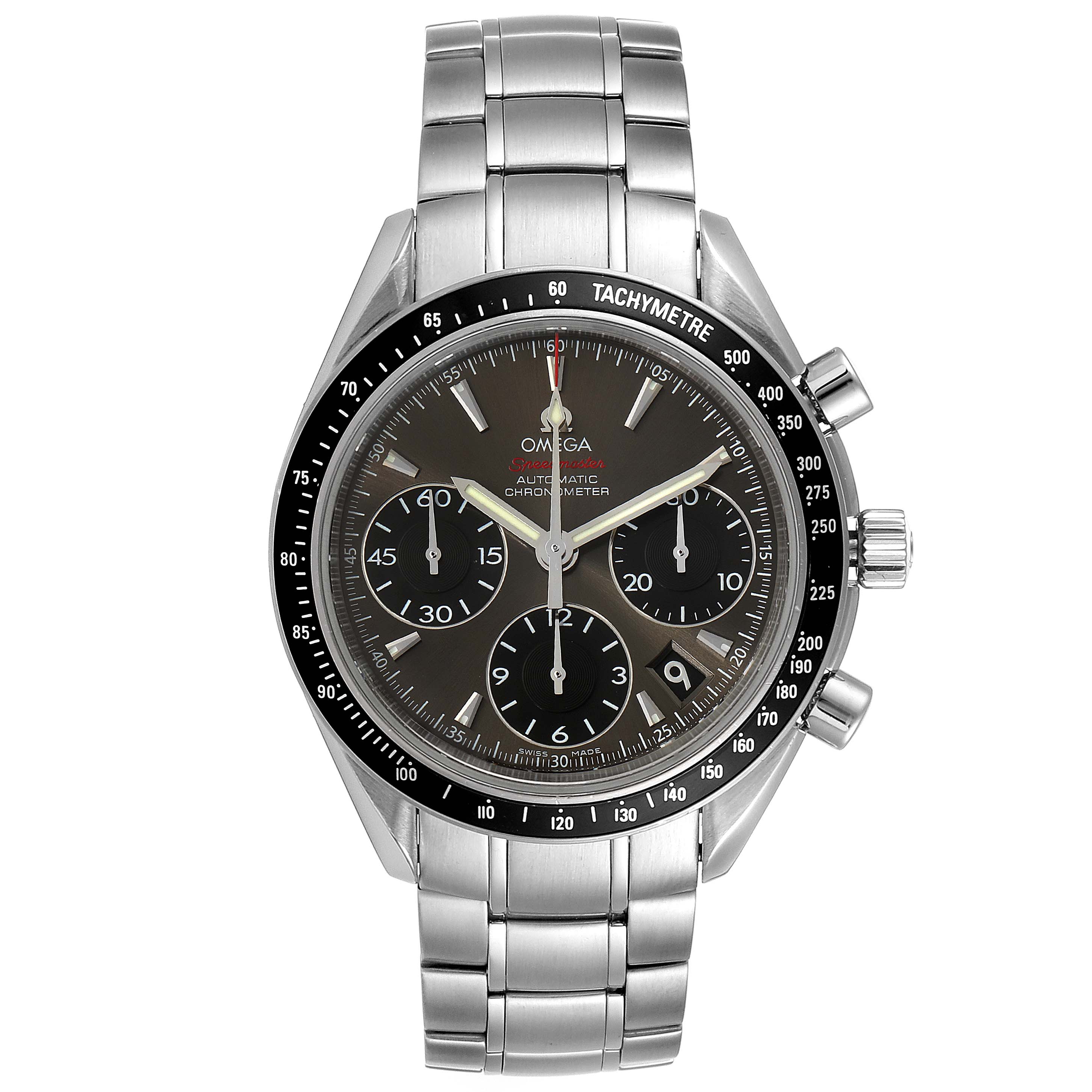 This Omega Speedmaster 323.30.40.40.06.001 Men's Stainless Steel Grey Dial 323.30.40.40.06.001 Men's Stainless Steel Grey Dial watch is shown from a front angle, displaying the dial, bezel, pushers, and bracelet.