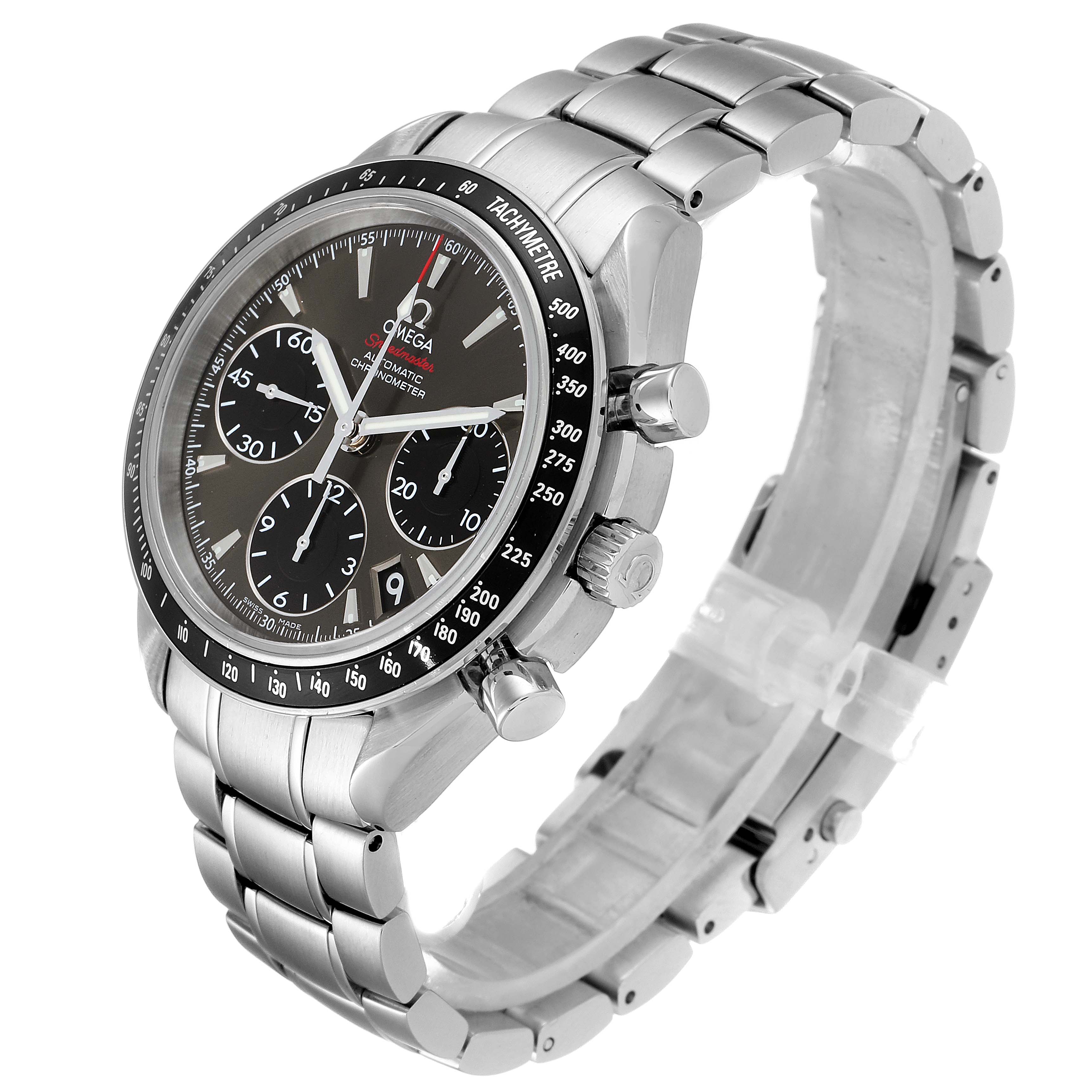 The image shows an Omega Speedmaster 323.30.40.40.06.001 Men's Stainless Steel Grey Dial 323.30.40.40.06.001 Men's Stainless Steel Grey Dial watch at a three-quarter angle, highlighting the dial, bezel, and metallic bracelet.