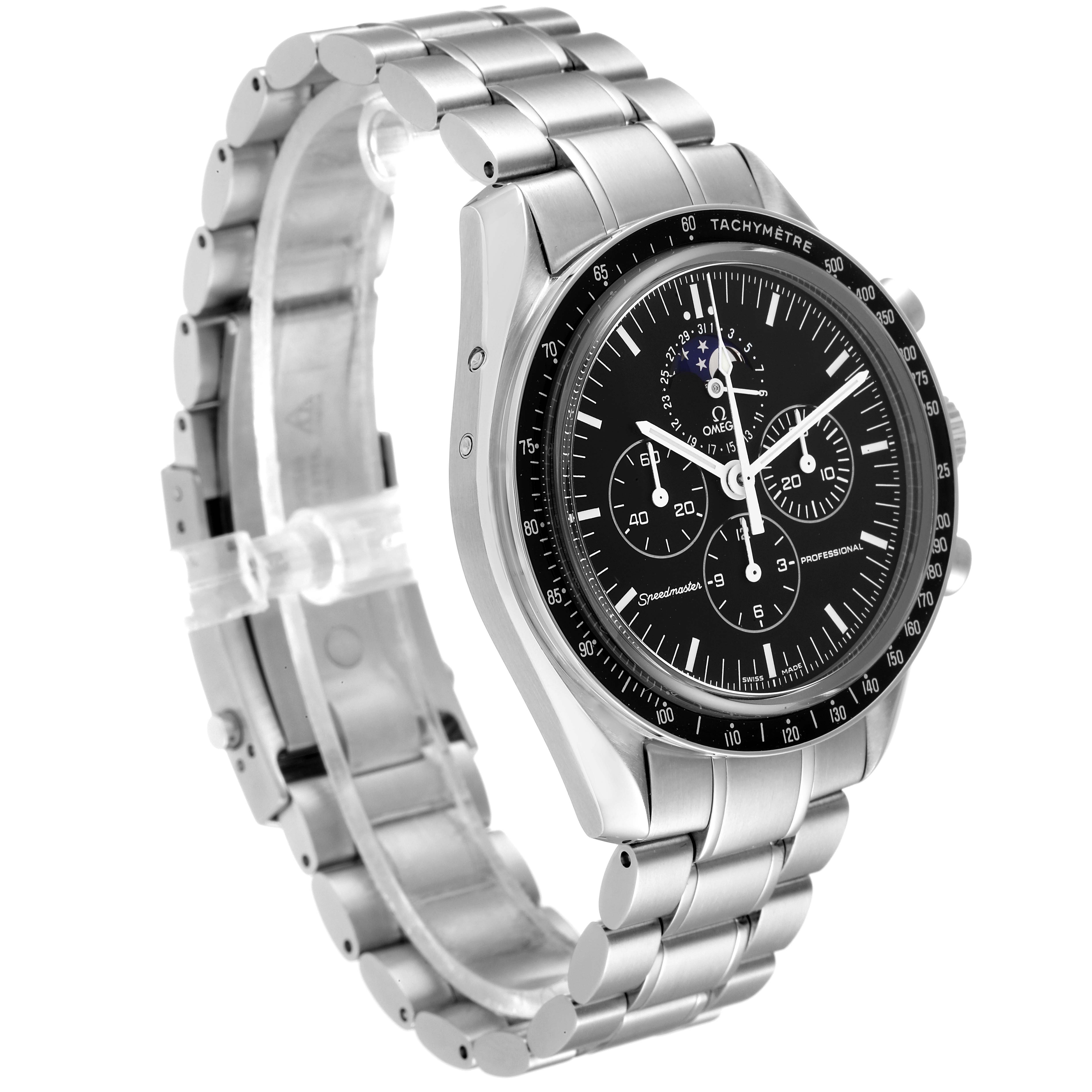 The Omega Speedmaster 3576.50.00 Men
s Stainless Steel Black Dial 3576.50.00 Men
s Stainless Steel Black Dial watch is shown at an angle displaying its face, bezel, and stainless steel bracelet.