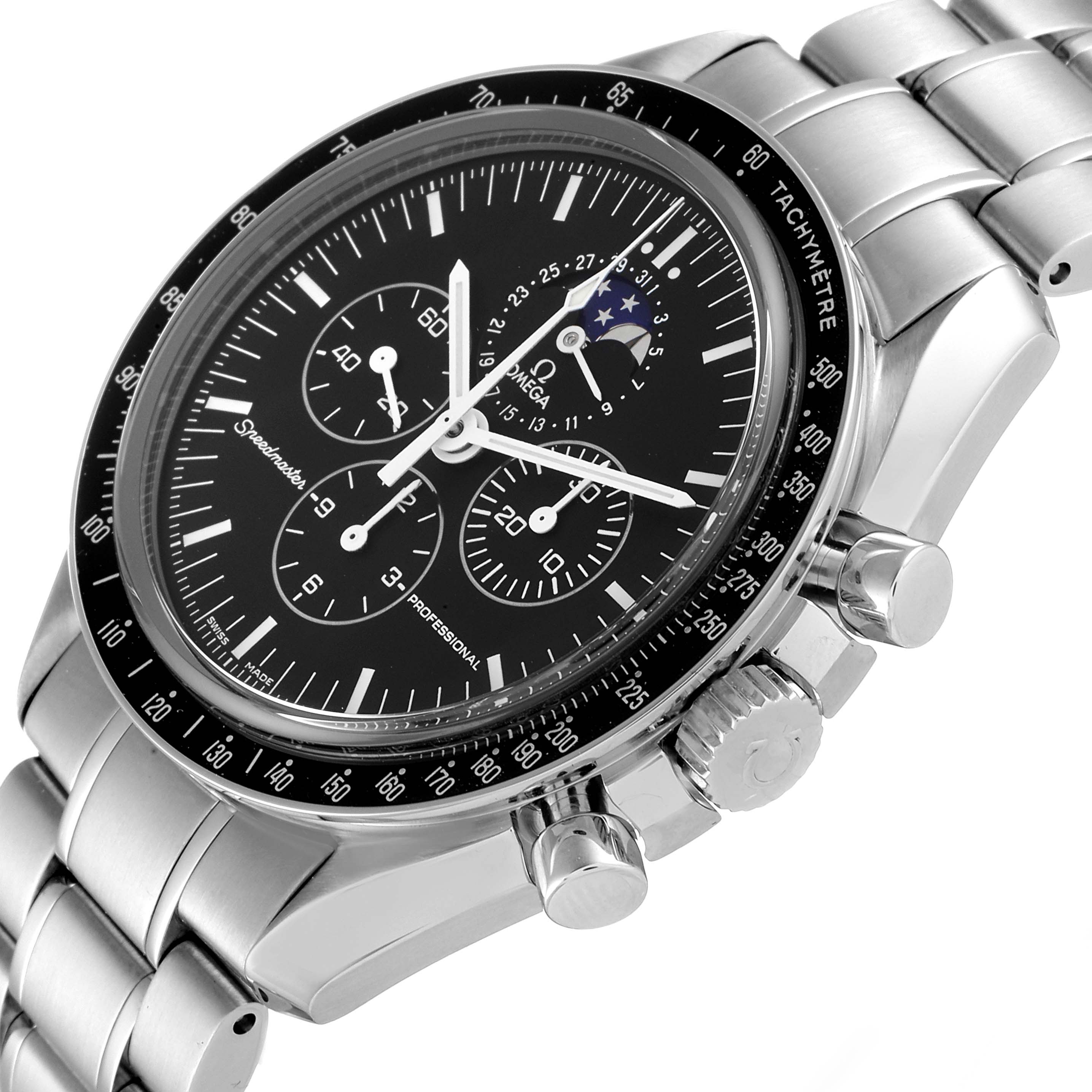 The Omega Speedmaster 3576.50.00 Men
s Stainless Steel Black Dial 3576.50.00 Men
s Stainless Steel Black Dial watch is shown at a slight angle, highlighting its bezel, dial, subdials, pushers, and stainless steel bracelet.