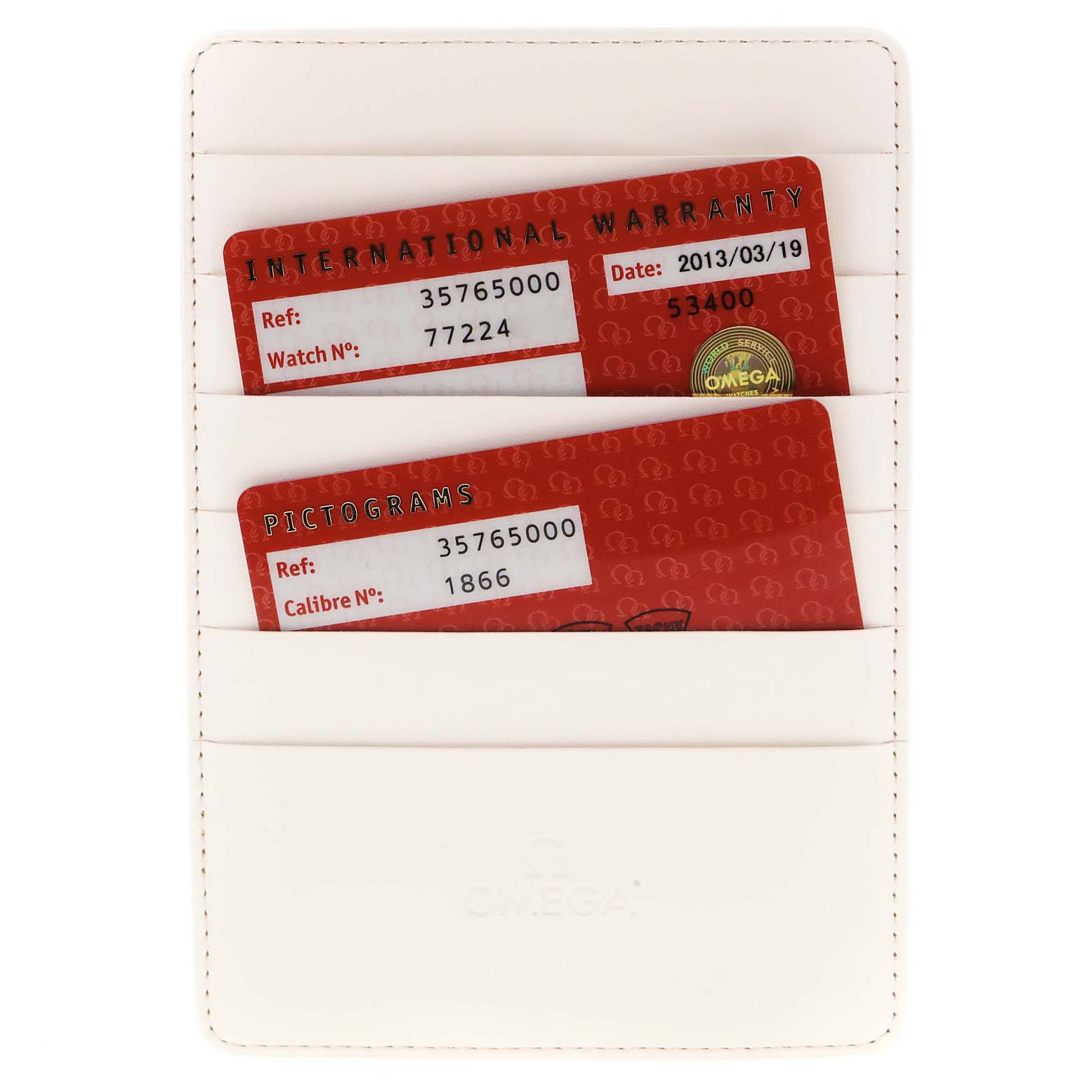 The image shows an Omega Speedmaster 3576.50.00 Men
s Stainless Steel Black Dial 3576.50.00 Men
s Stainless Steel Black Dial International Warranty and Pictograms cards in a white card holder.