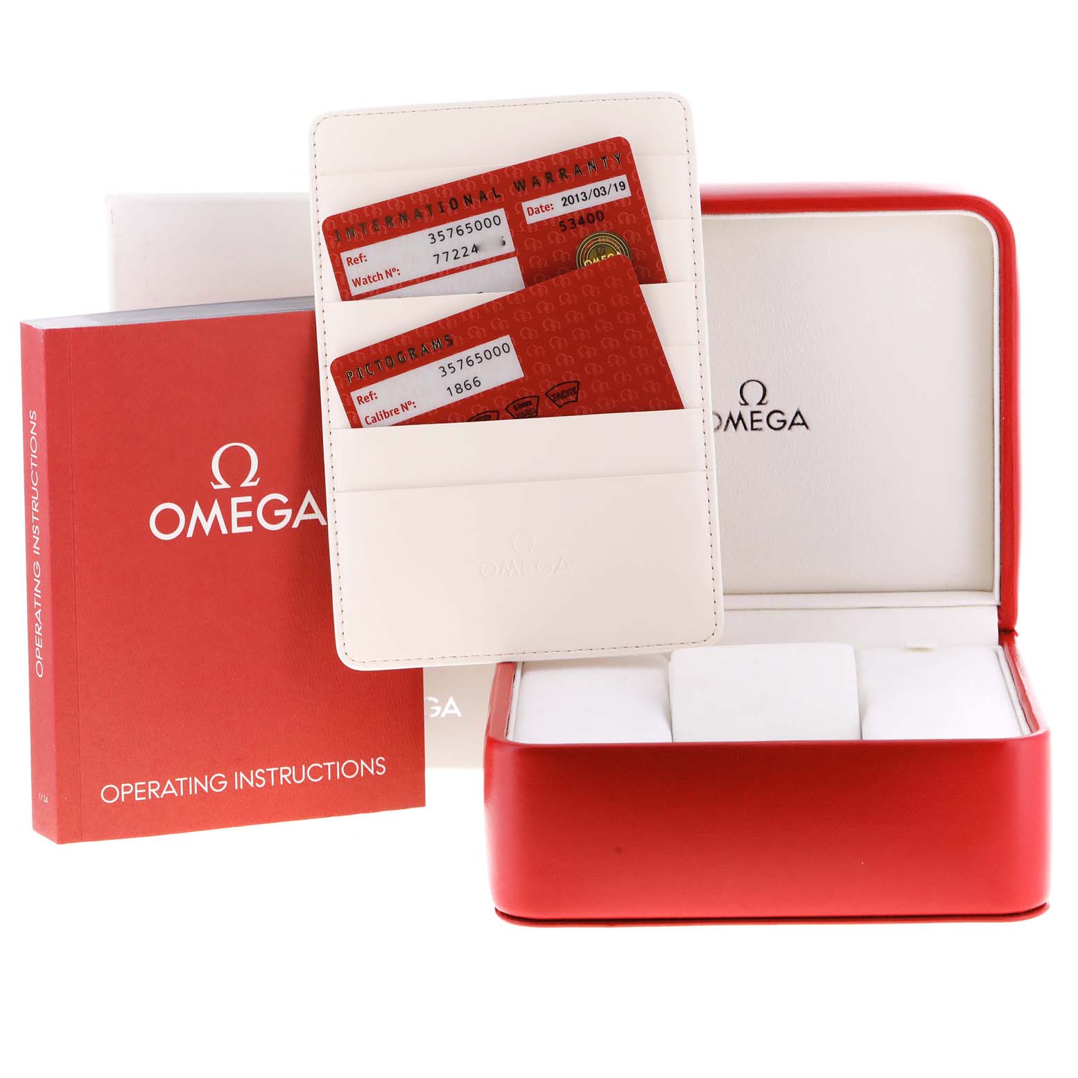 The image shows an Omega Speedmaster 3576.50.00 Men
s Stainless Steel Black Dial 3576.50.00 Men
s Stainless Steel Black Dial watch box, warranty cards in a holder, and an operating instructions booklet.