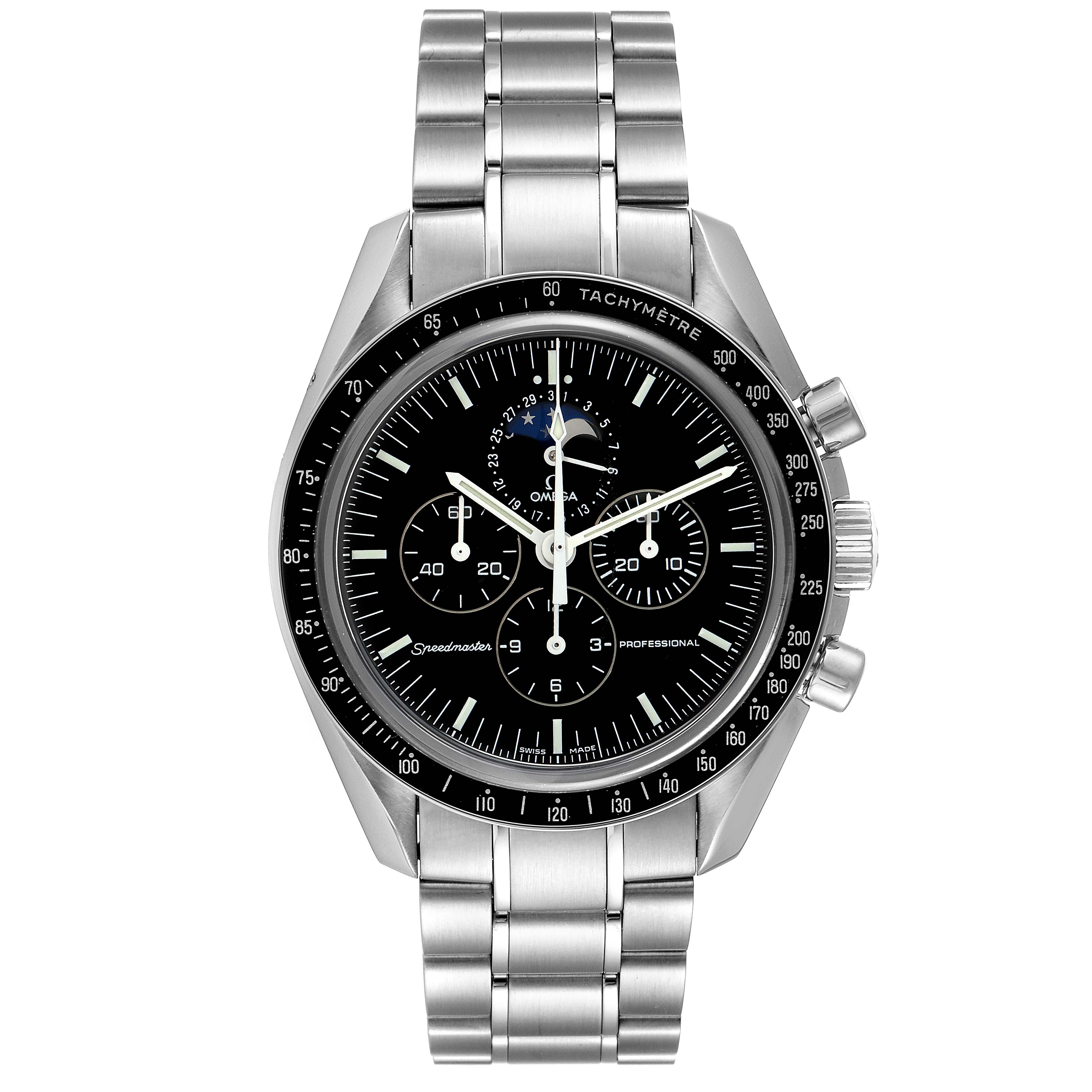 The image shows a front view of an Omega Speedmaster 3576.50.00 Men
s Stainless Steel Black Dial 3576.50.00 Men
s Stainless Steel Black Dial watch with a stainless steel bracelet and tachymeter.
