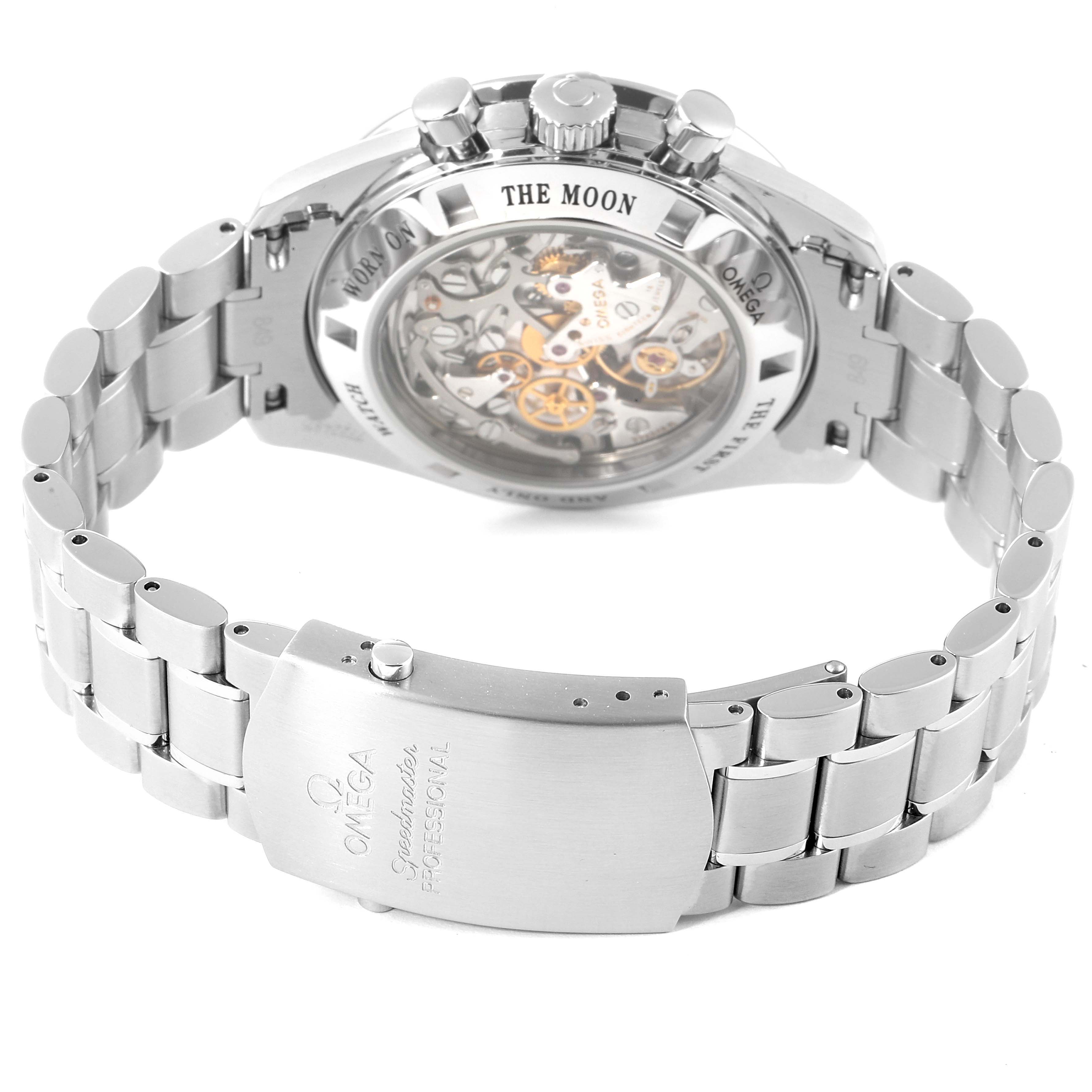 The Omega Speedmaster 3576.50.00 Men
s Stainless Steel Black Dial 3576.50.00 Men
s Stainless Steel Black Dial watch is shown from the back, highlighting its intricate movement and metal bracelet.