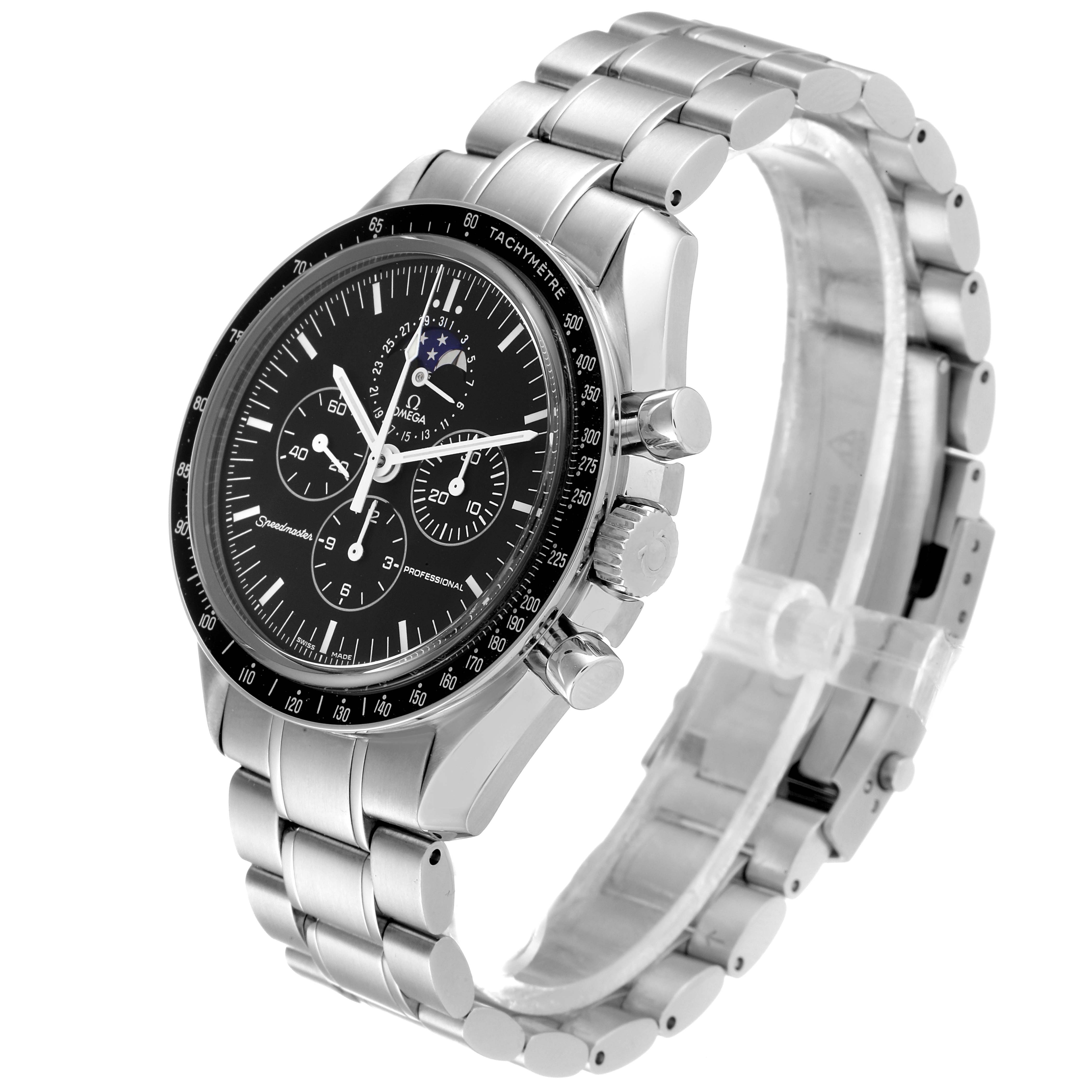 The image shows an angled view of the Omega Speedmaster 3576.50.00 Men
s Stainless Steel Black Dial 3576.50.00 Men
s Stainless Steel Black Dial watch, highlighting its face, three subdials, bezel, and metal bracelet.