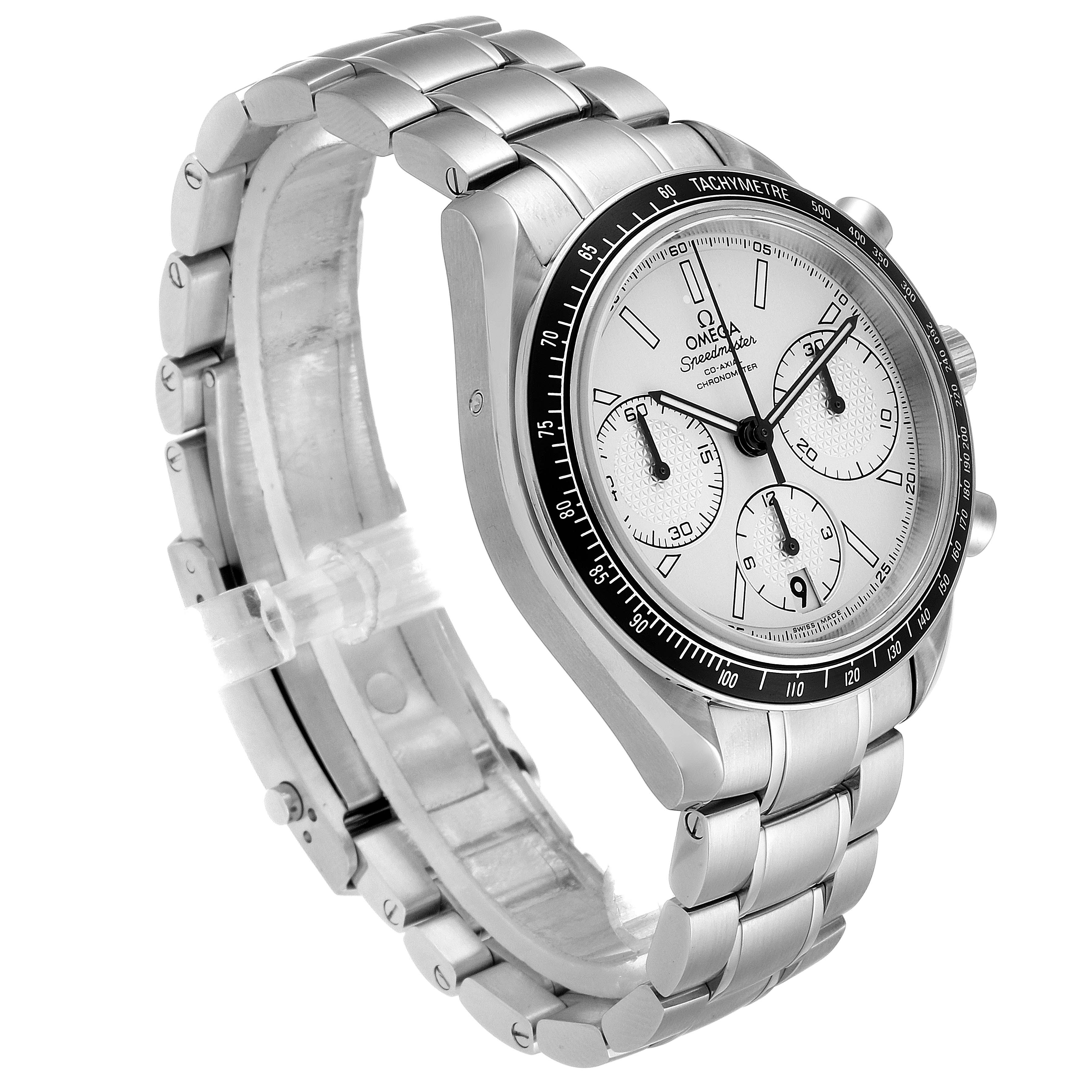 The Omega Speedmaster 326.30.40.50.02.001 Men
s Stainless Steel Silver Dial 326.30.40.50.02.001 Men
s Stainless Steel Silver Dial watch is shown at a three-quarter angle highlighting its face, bezel, and stainless steel bracelet.