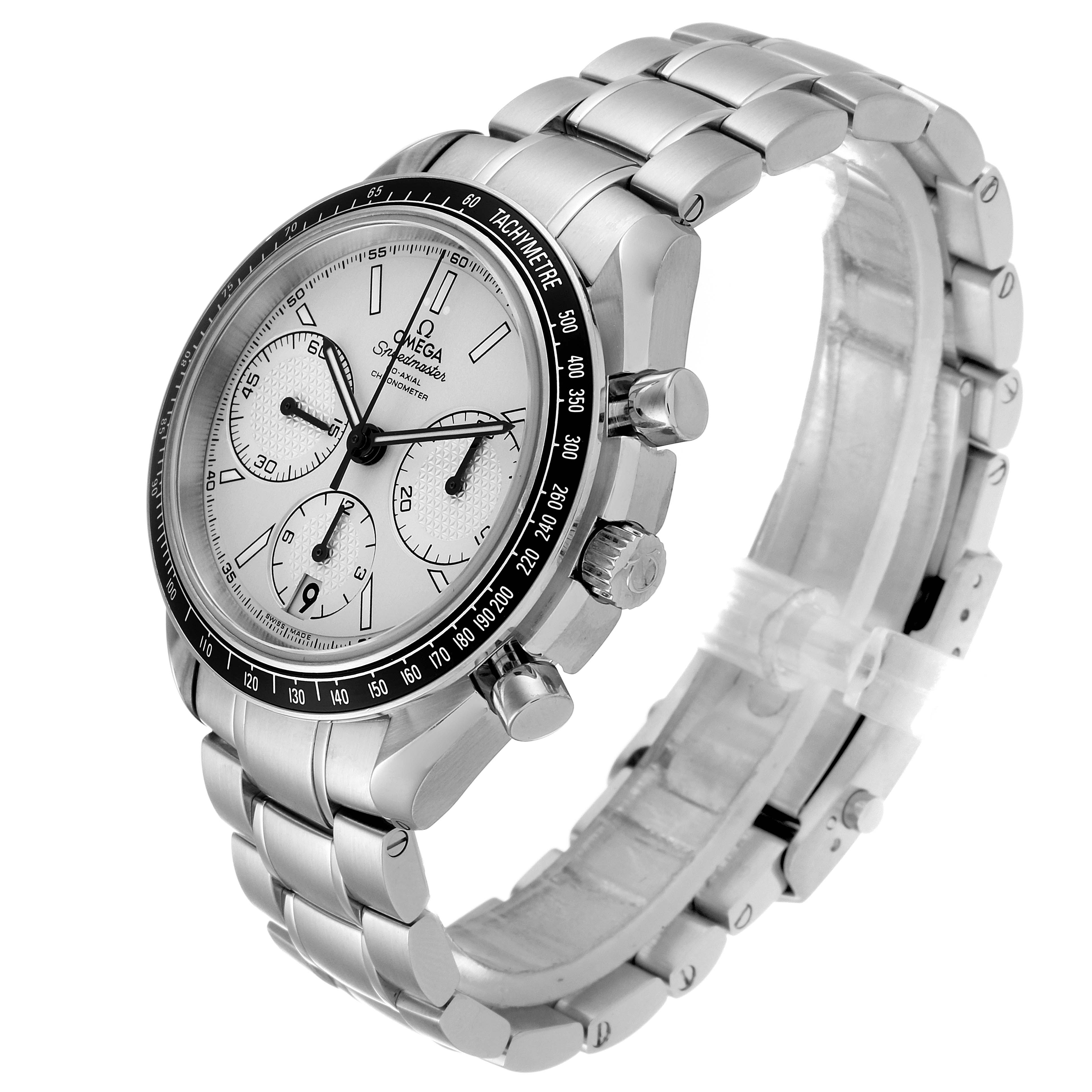 The Omega Speedmaster 326.30.40.50.02.001 Men
s Stainless Steel Silver Dial 326.30.40.50.02.001 Men
s Stainless Steel Silver Dial watch is shown from a three-quarter angle, highlighting its face, side buttons, and metal bracelet.